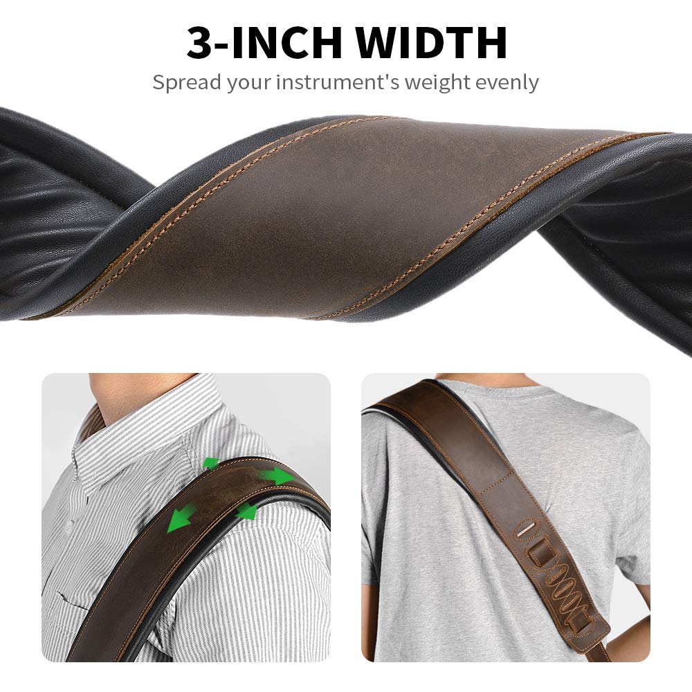 BestSounds Guitar Strap Leather 3 Inch Wide Full Grain Padded Soft Leather Strap for Acoustic, Electric and Bass Guitars Whiskey Brown - Image 5
