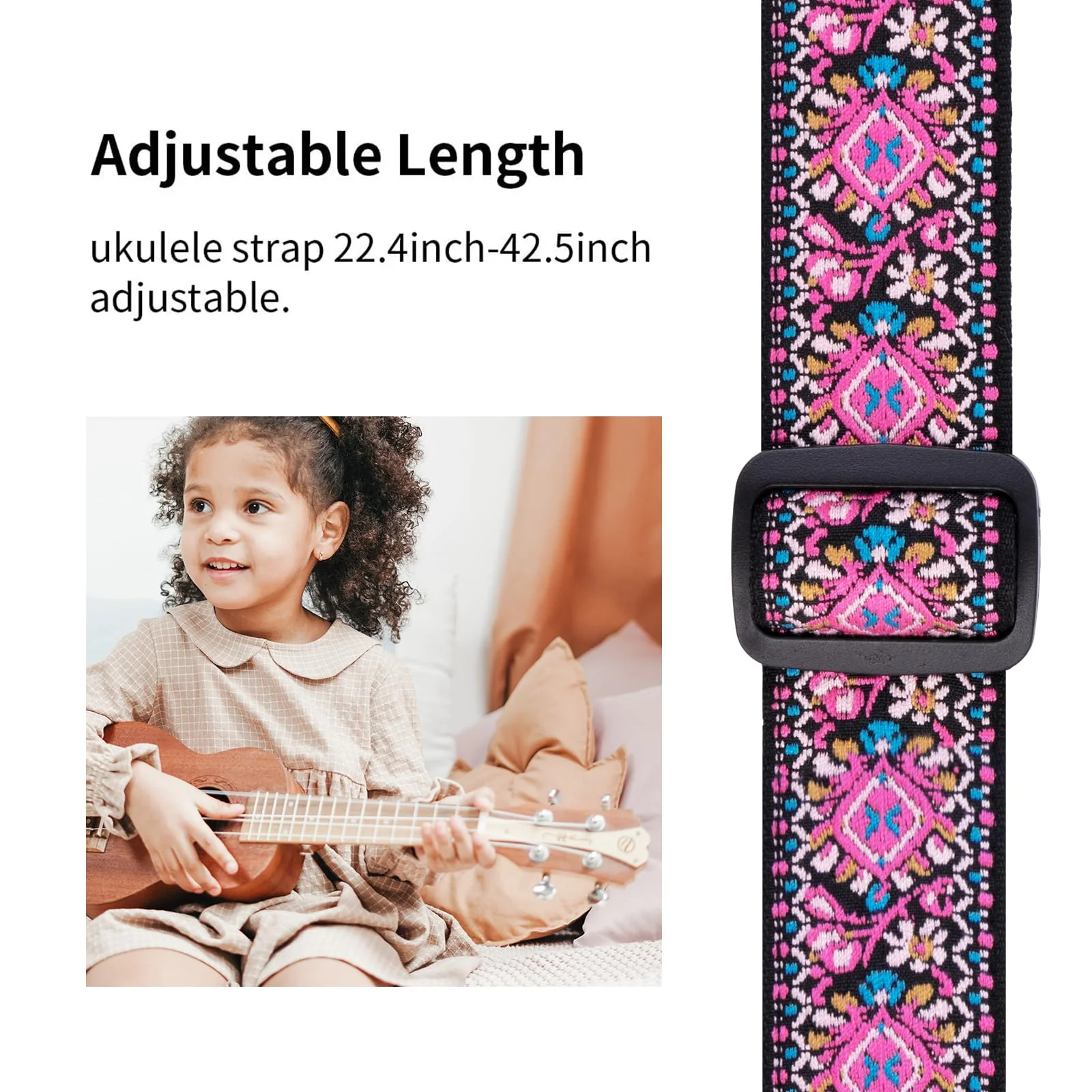 BestSounds Ukulele Strap, Jacquard Weave Adjustable Uke Mandolin Shoulder Straps for Adult & Kids, Ukulele Button Accessories Pink - Image 3