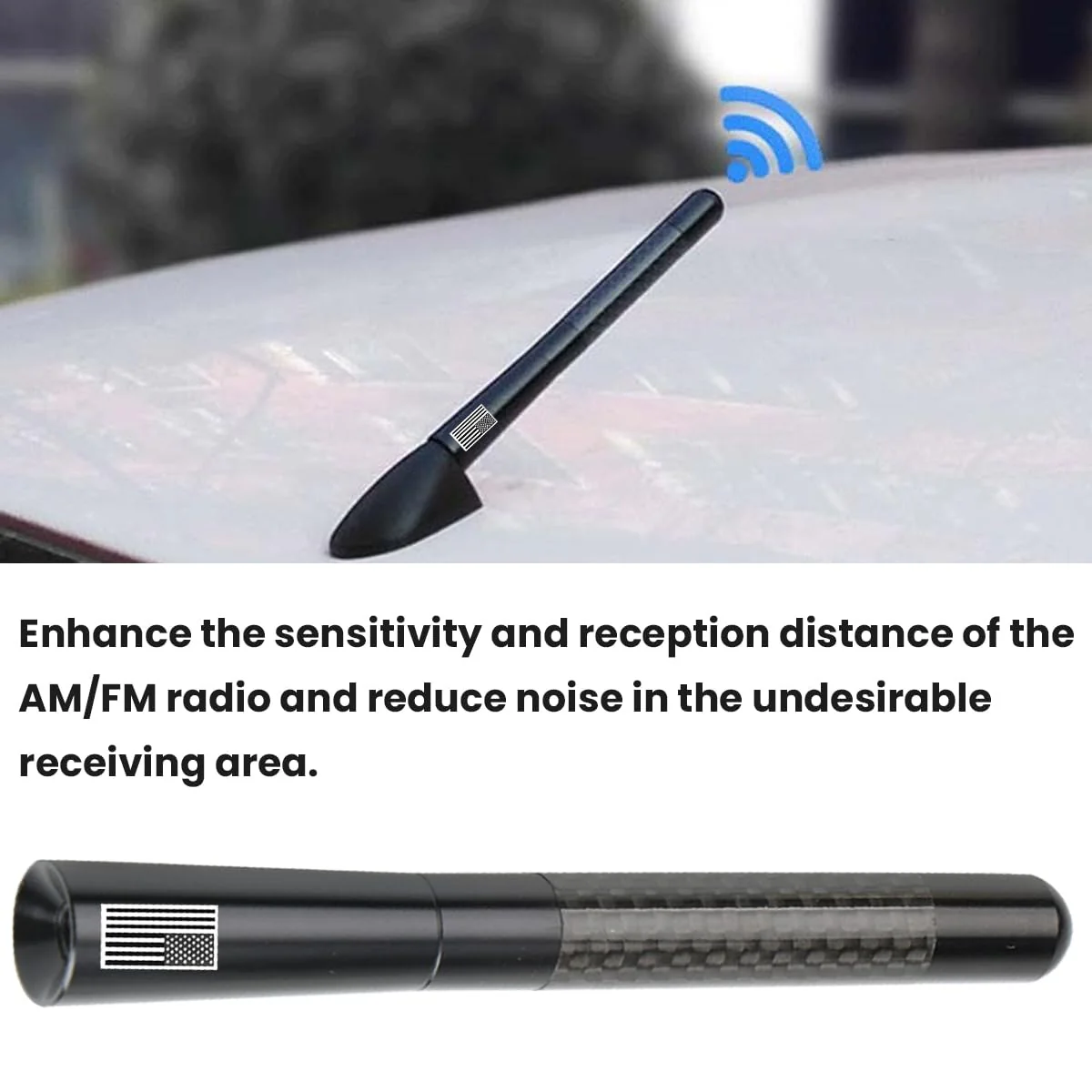 BESULEN Car Short Antenna, 4.7 Inch Carbon Fiber American Flag Aluminum Auto Radio Antenna for AM/FM Reception, Universal Replacement Car Antenna with 9 Adapters, 2 Screws, 2 Rubber Rings Black - Image 3