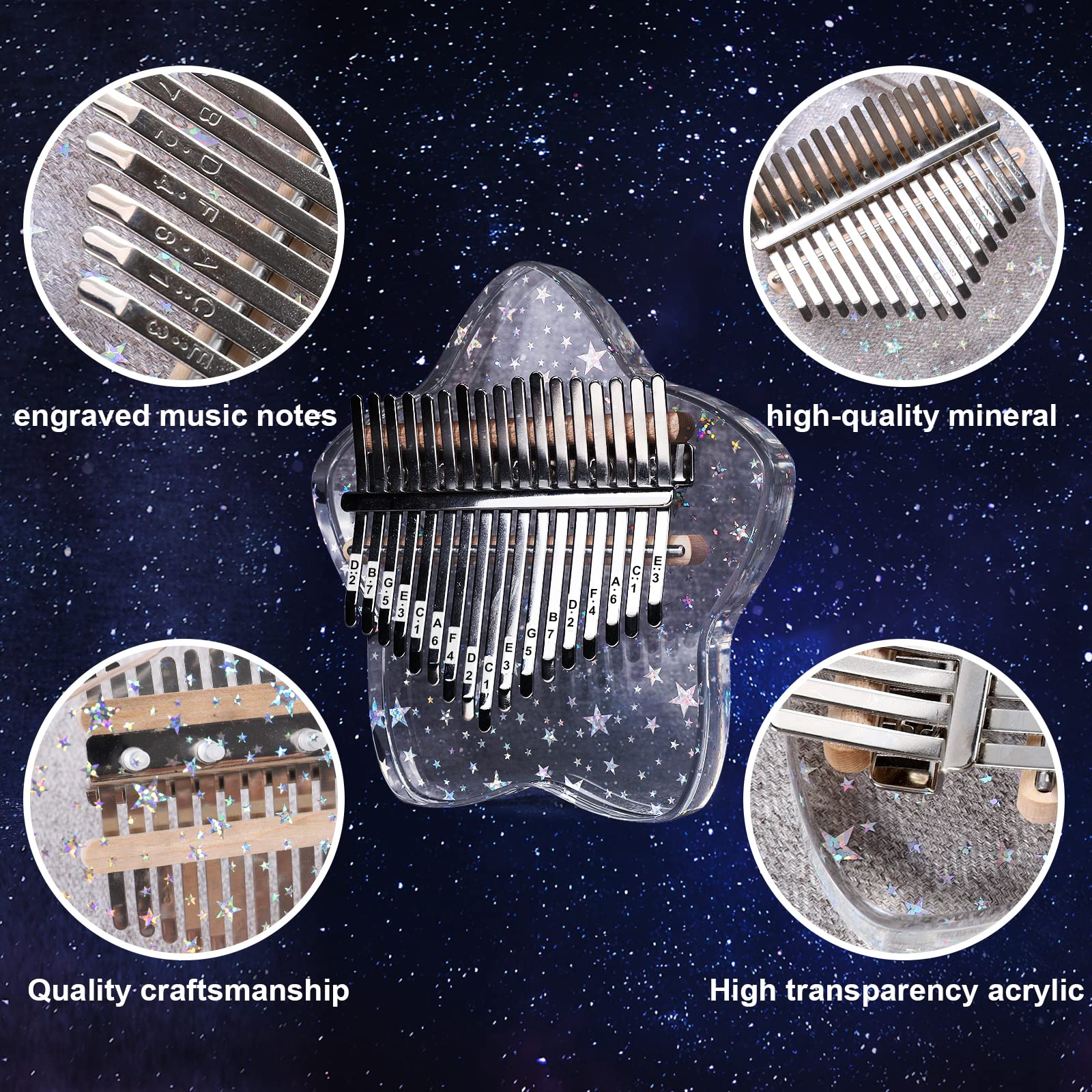 Beveetio Clear Kalimba Thumb Piano With Eva Protective Case, Transparent Crystal Kalimba 17 Key, Musical Instrument Gifts, Rainbow Star Finger Piano, Acrylic Mbira… Transparent & Rainbow Star - Image 3