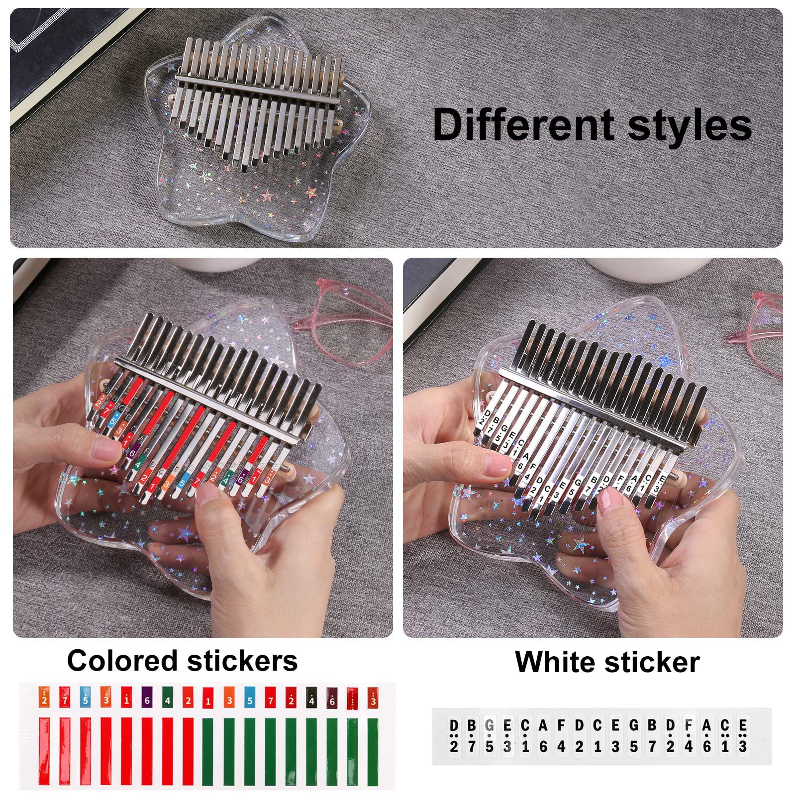 Beveetio Clear Kalimba Thumb Piano With Eva Protective Case, Transparent Crystal Kalimba 17 Key, Musical Instrument Gifts, Rainbow Star Finger Piano, Acrylic Mbira… Transparent & Rainbow Star - Image 4