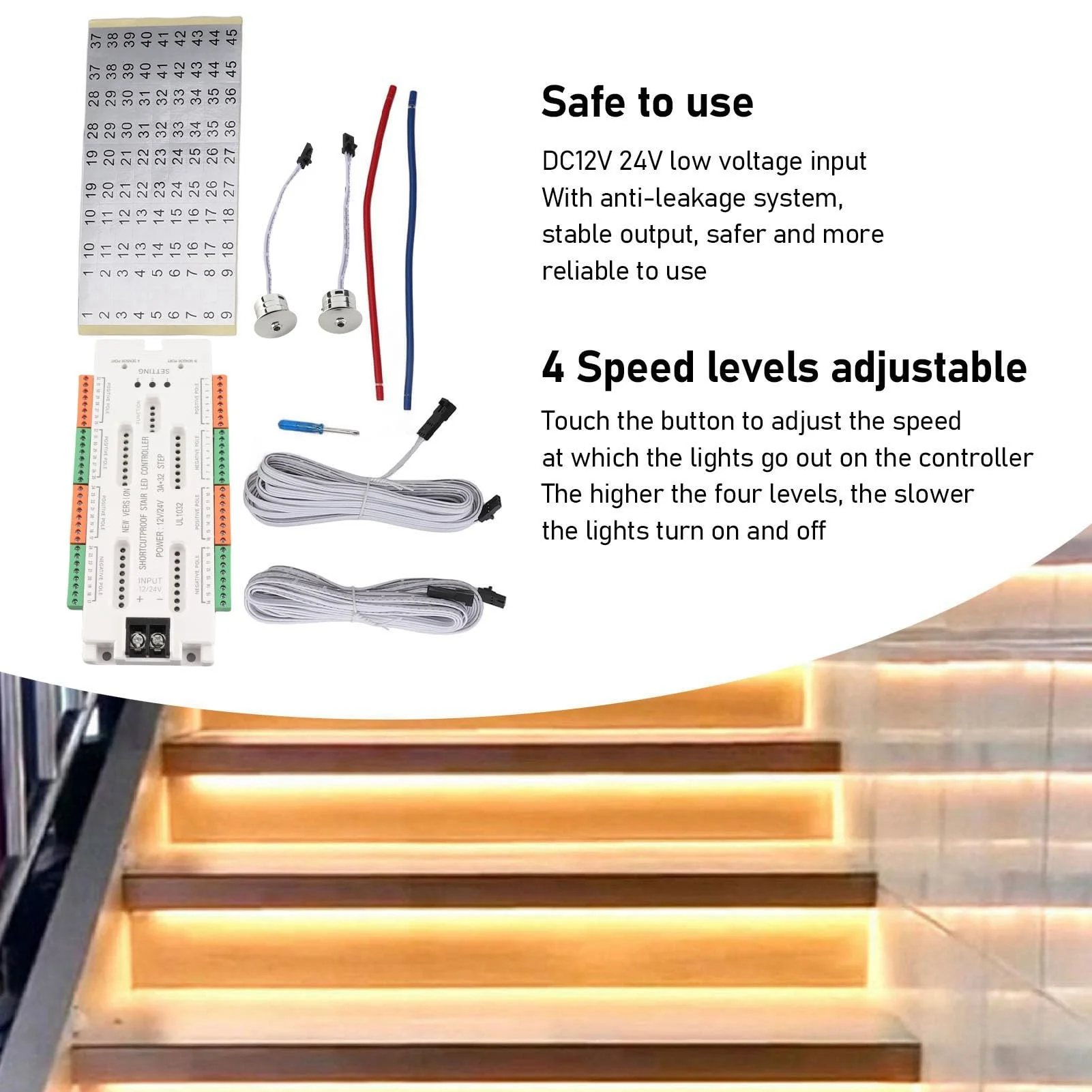 Bewinner 32 Channel LED Motion Sensor Stair Light Controller, Automatic Stair LED Controller, Speed, Brightness, Adjustable Light Level Lighting Control for - Image 2