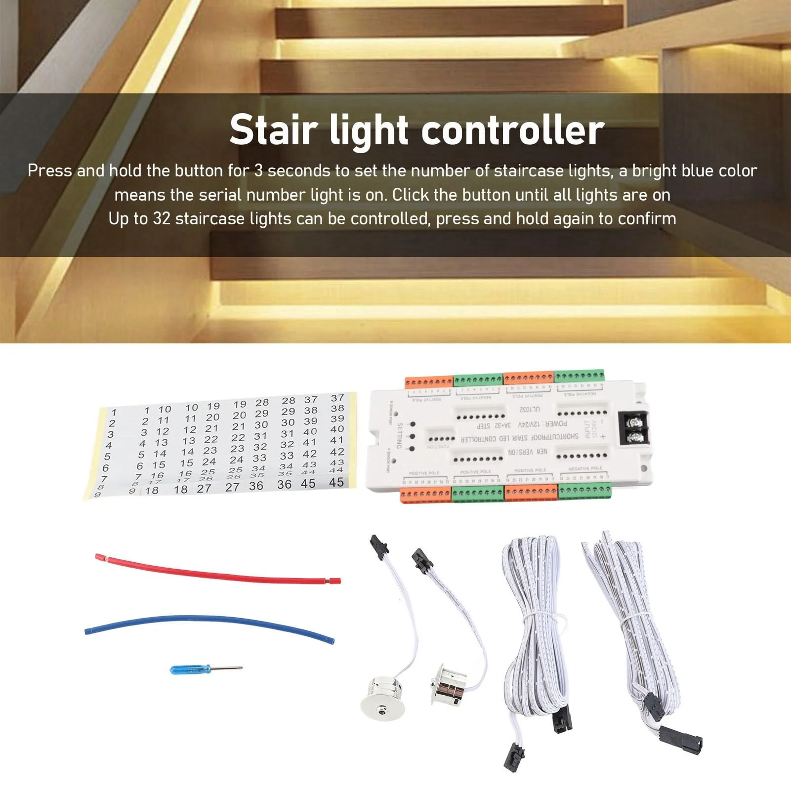 Bewinner 32 Channel LED Motion Sensor Stair Light Controller, Automatic Stair LED Controller, Speed, Brightness, Adjustable Light Level Lighting Control for - Image 5