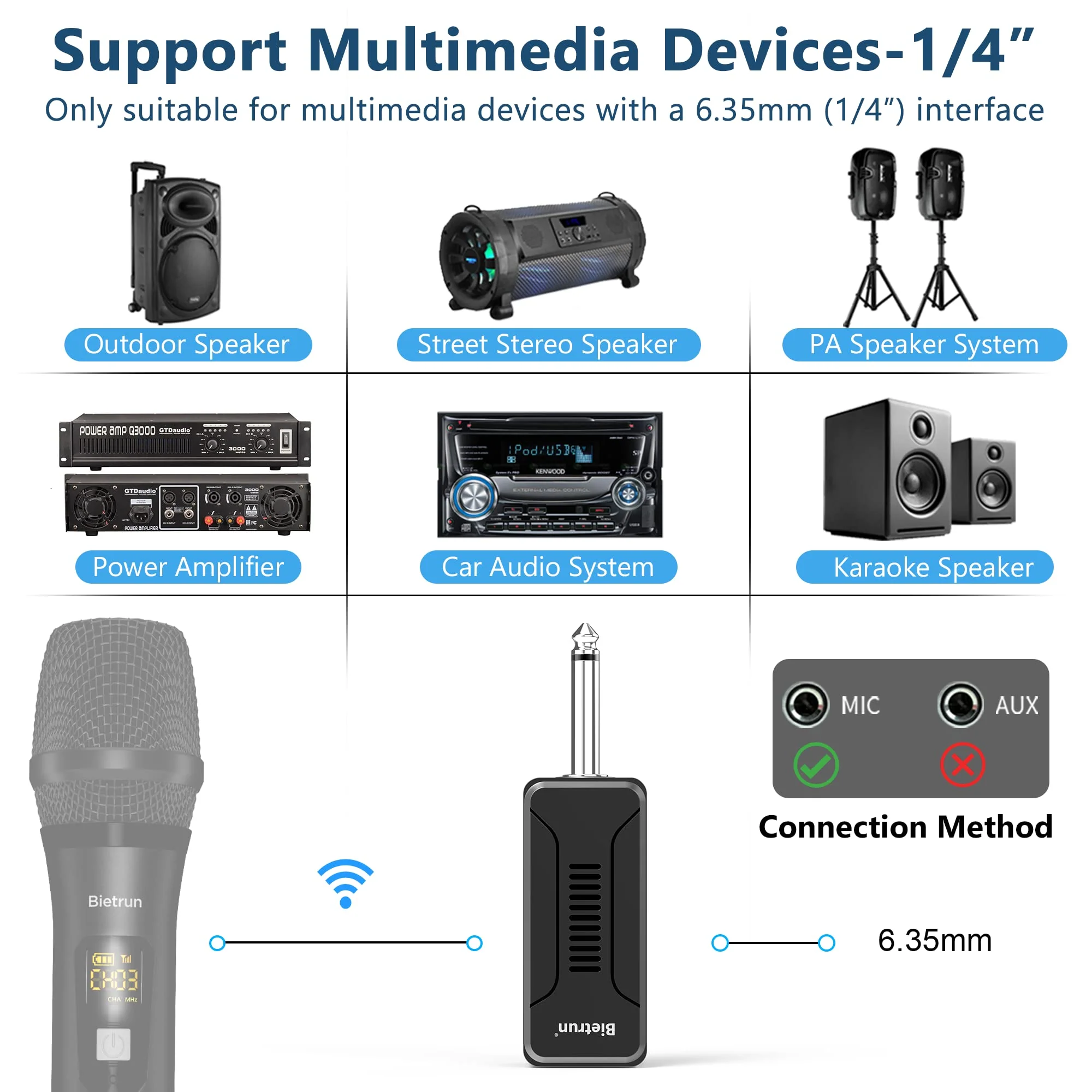 Bietrun UHF Receiver Wireless Microphone WXM02 / WXM04, with 720mAh Rechargeable Battery, 160 ft Working Range, 1/4" Output for for Karaoke Machine/PA Speakers System/Mixer - Image 6