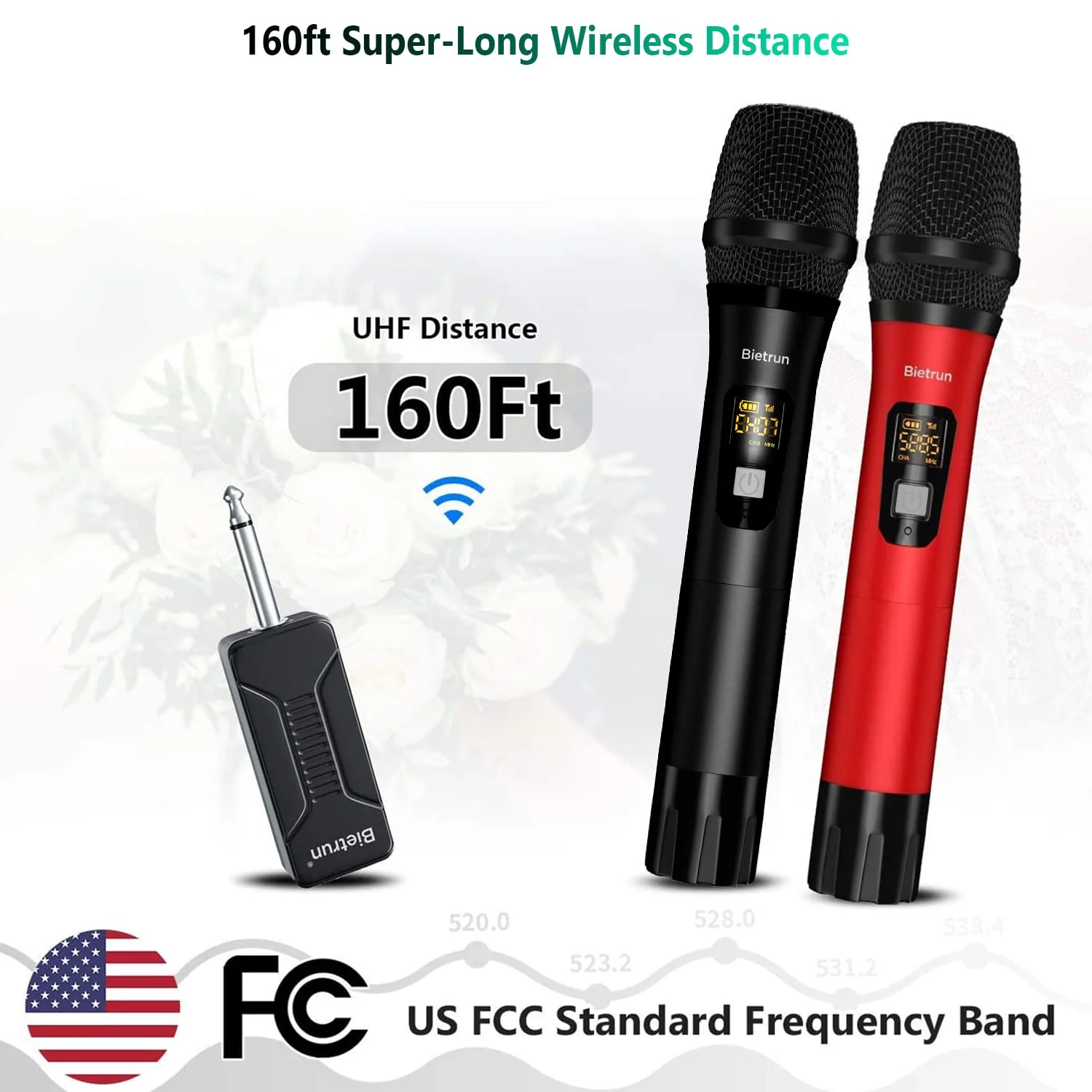 Bietrun Wireless Microphone Dynamic Mic System with Rechargeable Receiver, 1/4" Output, for Karaoke, Church, Speech, Wedding, Party Singing(160 ft Range)-Auto Connect Black Red - Image 2