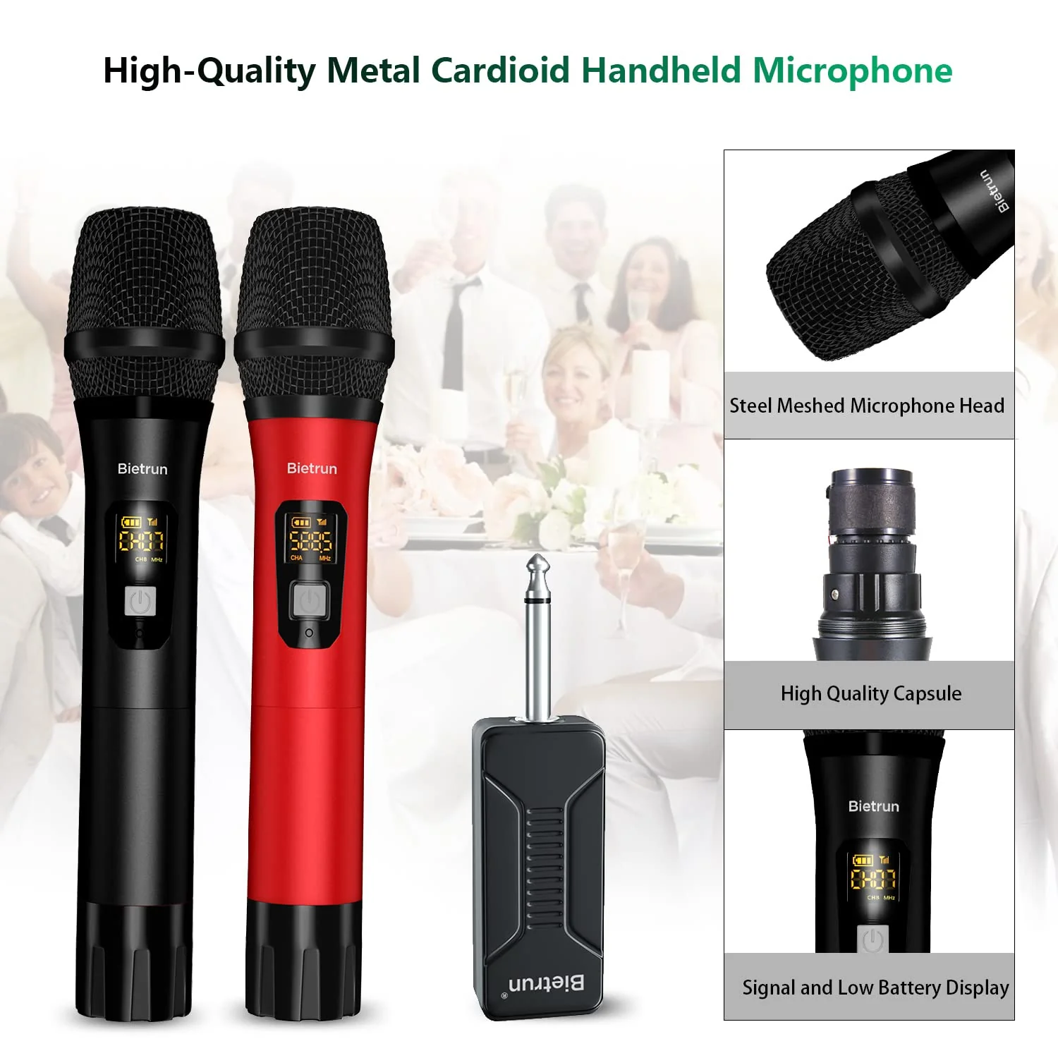 Bietrun Wireless Microphone Dynamic Mic System with Rechargeable Receiver, 1/4" Output, for Karaoke, Church, Speech, Wedding, Party Singing(160 ft Range)-Auto Connect Black Red - Image 3