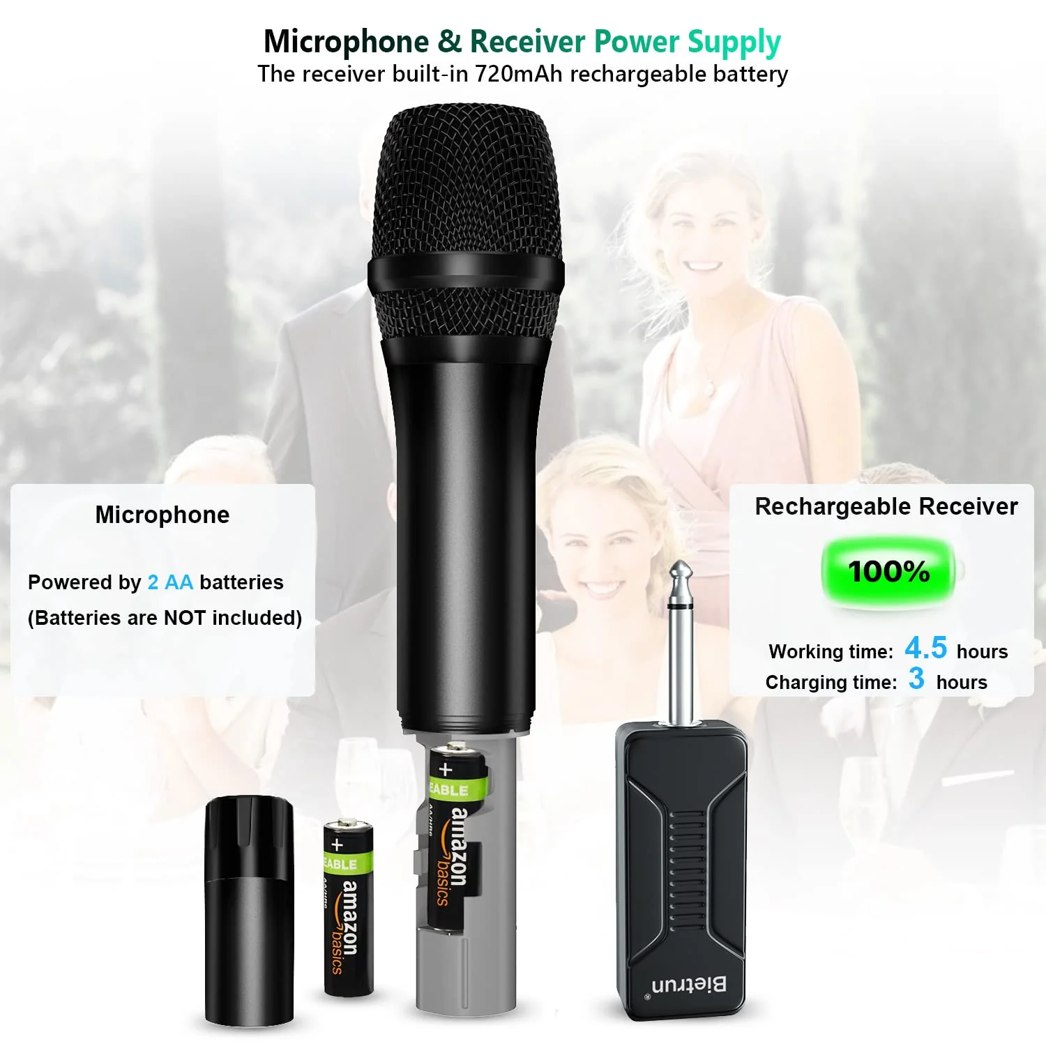 Bietrun Wireless Microphone Dynamic Mic System with Rechargeable Receiver, 1/4" Output, for Karaoke, Church, Speech, Wedding, Party Singing(160 ft Range)-Auto Connect Black Red - Image 4