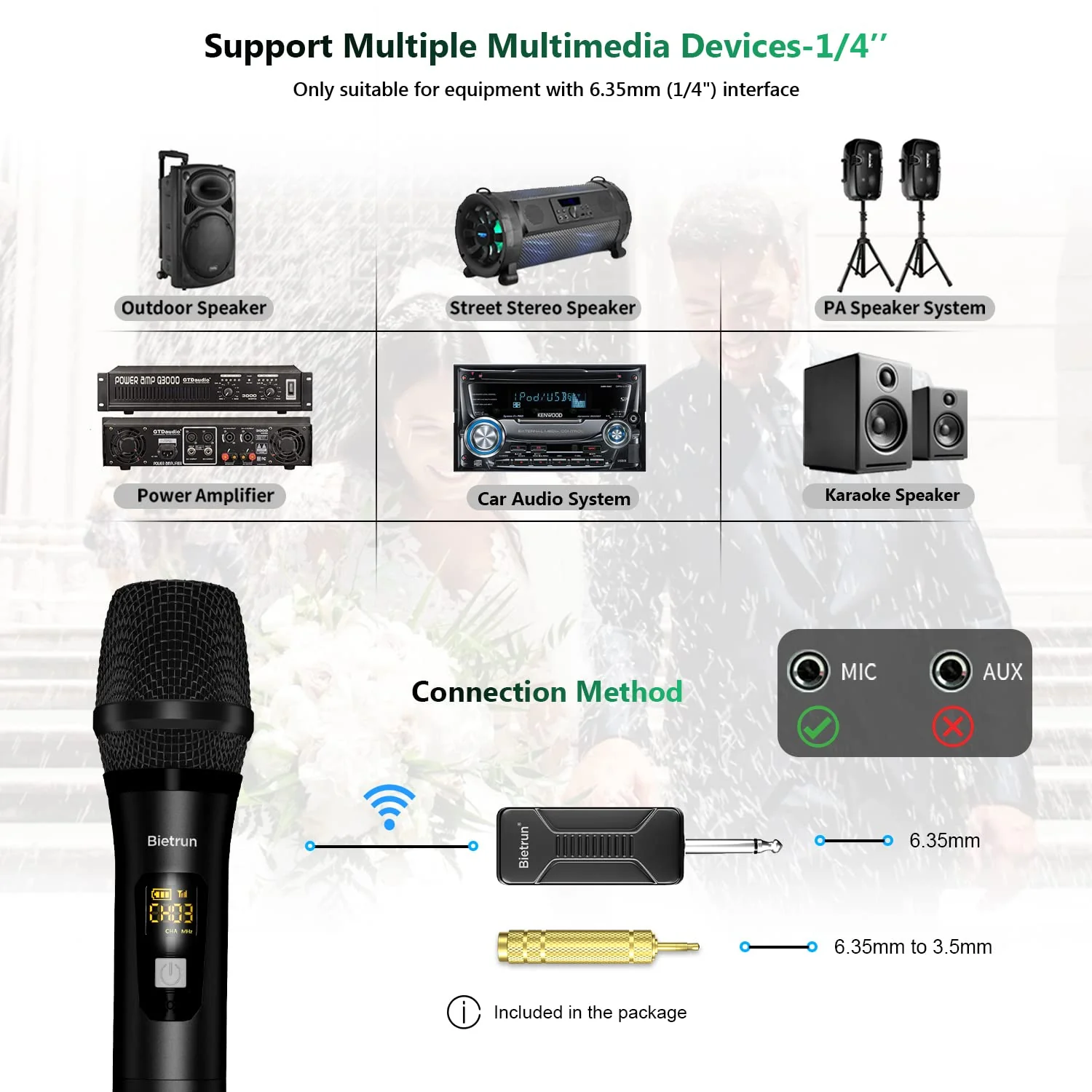 Bietrun Wireless Microphone Dynamic Mic System with Rechargeable Receiver, 1/4" Output, for Karaoke, Church, Speech, Wedding, Party Singing(160 ft Range)-Auto Connect Black Red - Image 6