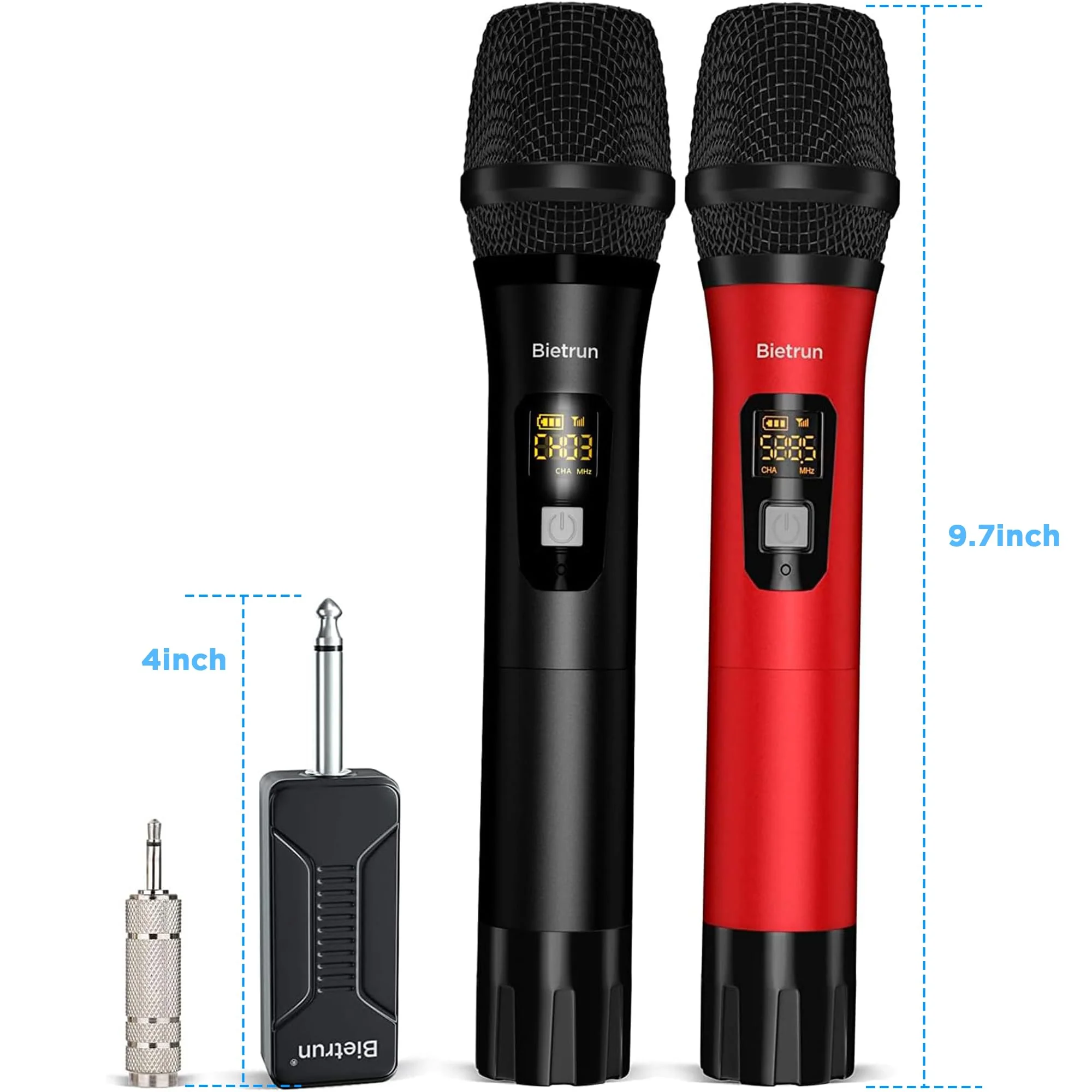 Bietrun Wireless Microphone Dynamic Mic System with Rechargeable Receiver, 1/4" Output, for Karaoke, Church, Speech, Wedding, Party Singing(160 ft Range)-Auto Connect Black Red - Image 7