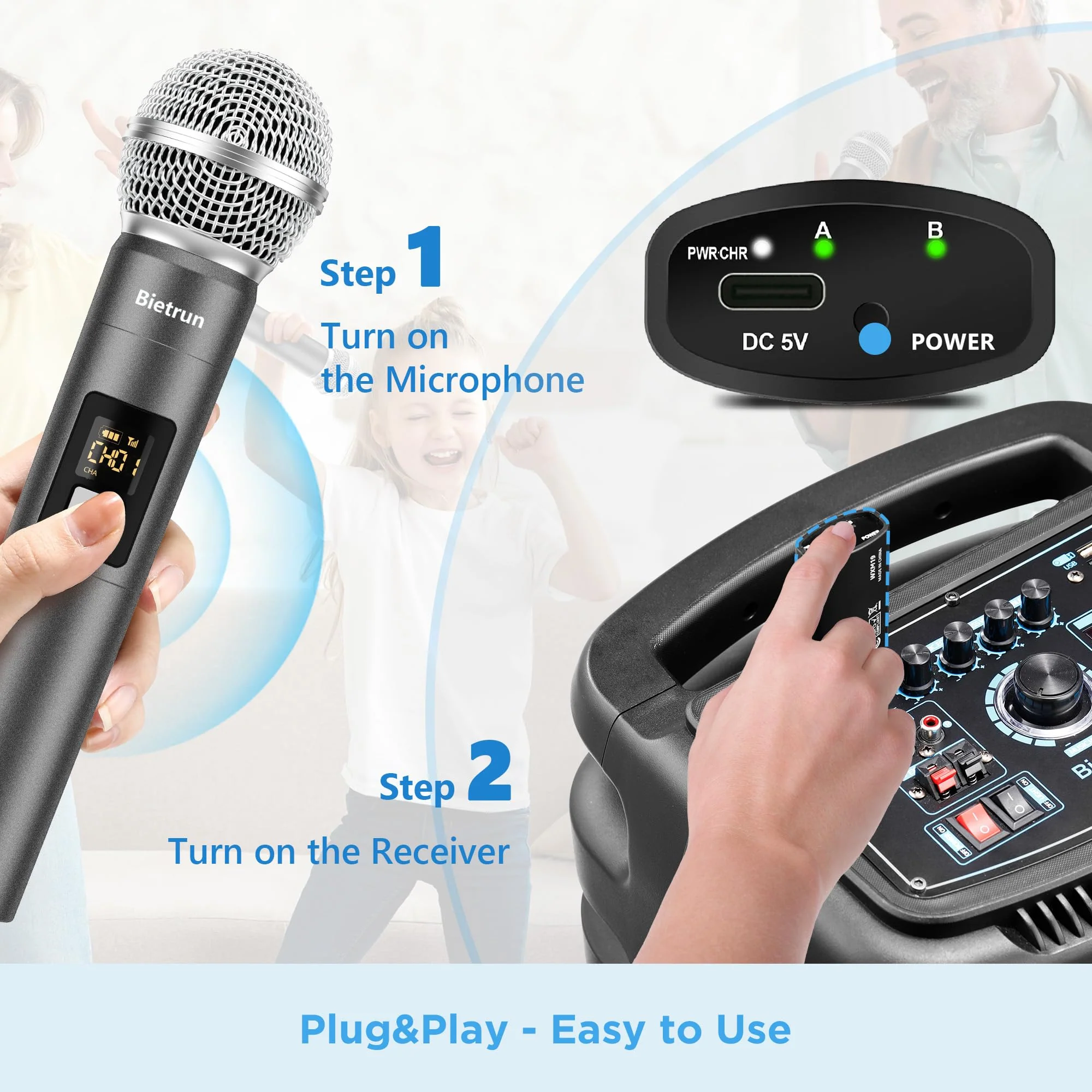 Bietrun Wireless Microphone, UHF Dual Handheld Cordless Dynamic Metal Mic Set with Rechargeable Receiver, 1/4'' Plug Output, for Karaoke, Church, Wedding, Party Singing(98 ft Range)(Auto Connect) Battery Microphone-WXM31-2 - Image 2