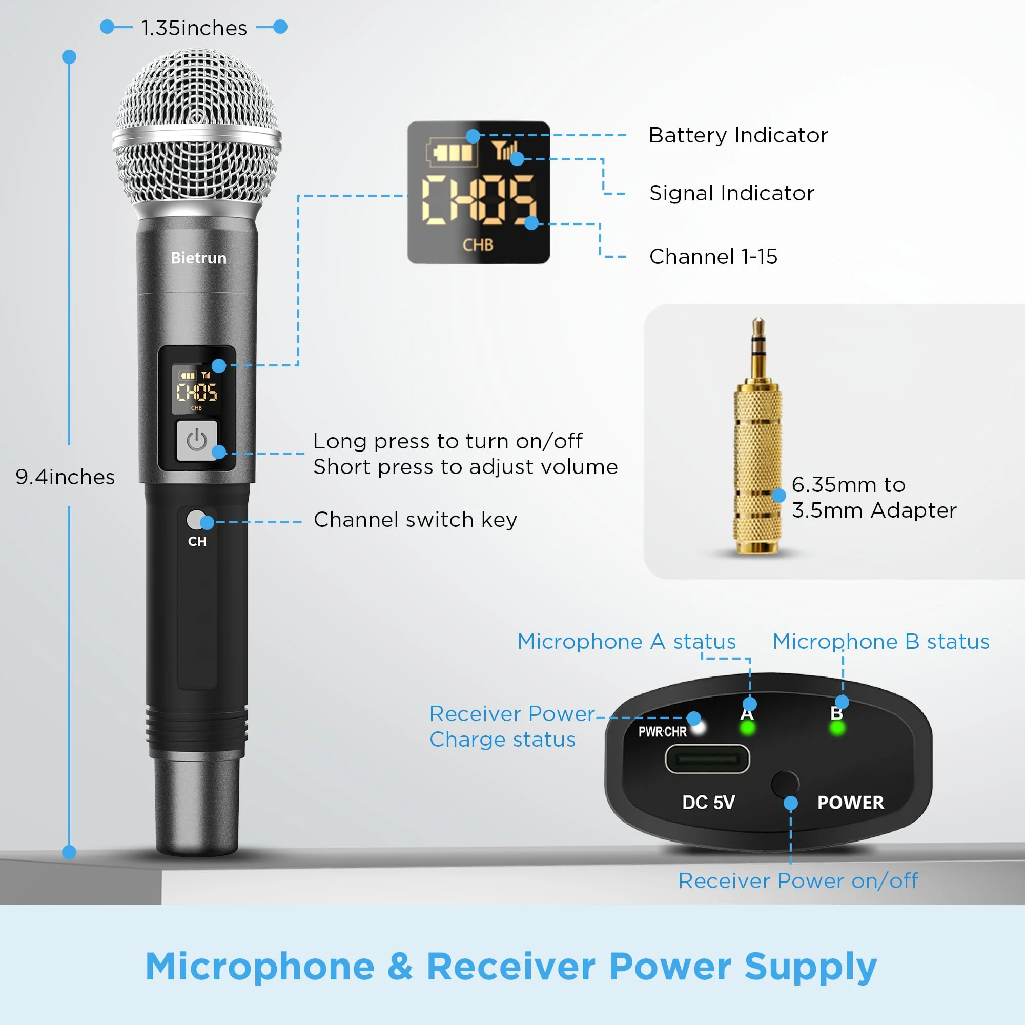 Bietrun Wireless Microphone, UHF Dual Handheld Cordless Dynamic Metal Mic Set with Rechargeable Receiver, 1/4'' Plug Output, for Karaoke, Church, Wedding, Party Singing(98 ft Range)(Auto Connect) Battery Microphone-WXM31-2 - Image 6
