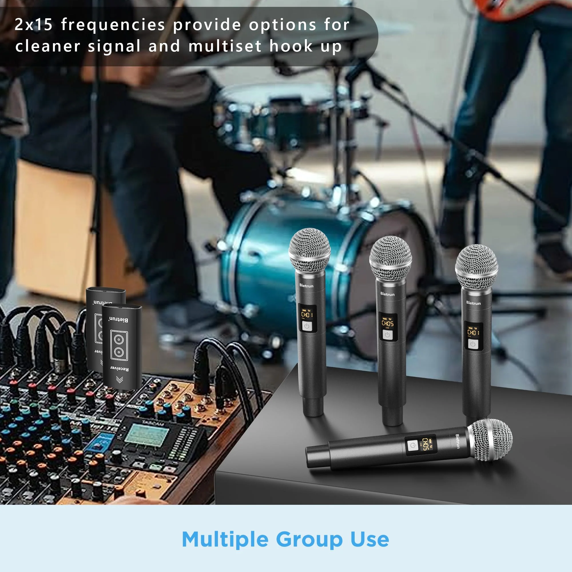 Bietrun Wireless Microphone, UHF Dual Handheld Cordless Dynamic Metal Mic Set with Rechargeable Receiver, 1/4'' Plug Output, for Karaoke, Church, Wedding, Party Singing(98 ft Range)(Auto Connect) Battery Microphone-WXM31-2 - Image 7