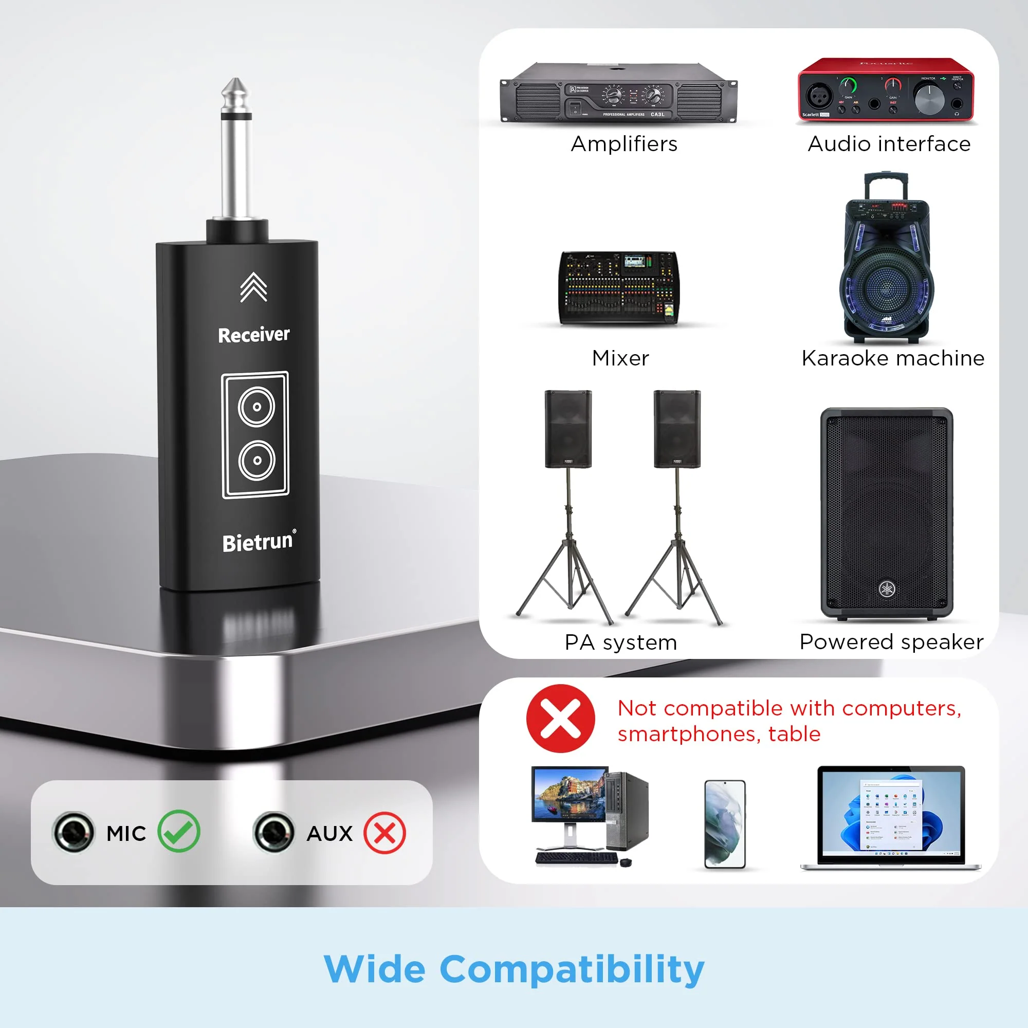 Bietrun Wireless Microphone, UHF Dual Handheld Cordless Dynamic Metal Mic Set with Rechargeable Receiver, 1/4'' Plug Output, for Karaoke, Church, Wedding, Party Singing(98 ft Range)(Auto Connect) Battery Microphone-WXM31-2 - Image 8