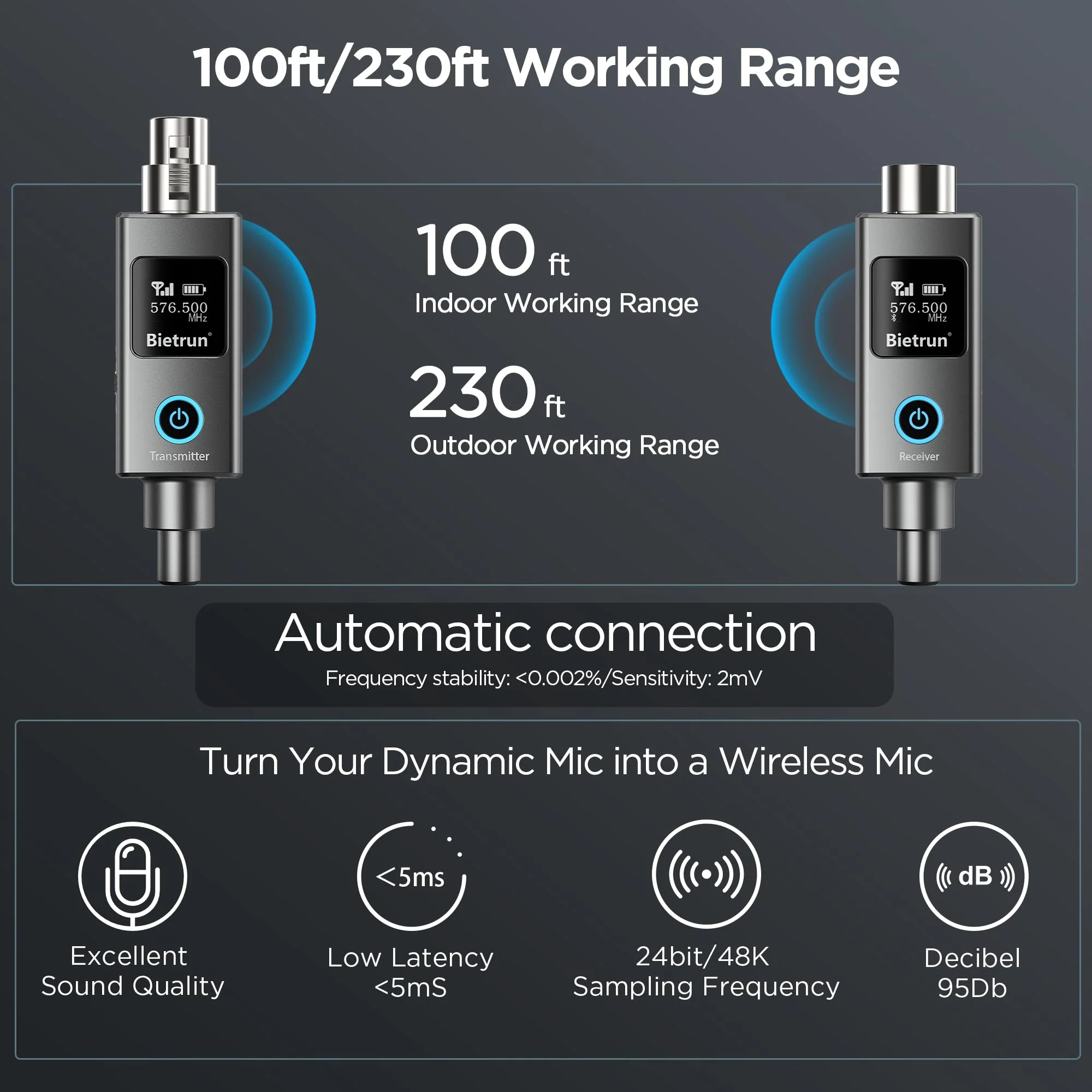 Bietrun Wireless XLR Transmitter Receiver, XLR Wired to Wireless Mic Adapter, UHF 230ft Range, 30 Channels, Receiver with Bluetooth, to 1/4'' Adapter, for Dynamic/Condenser Mics, Audio Interface - Image 2