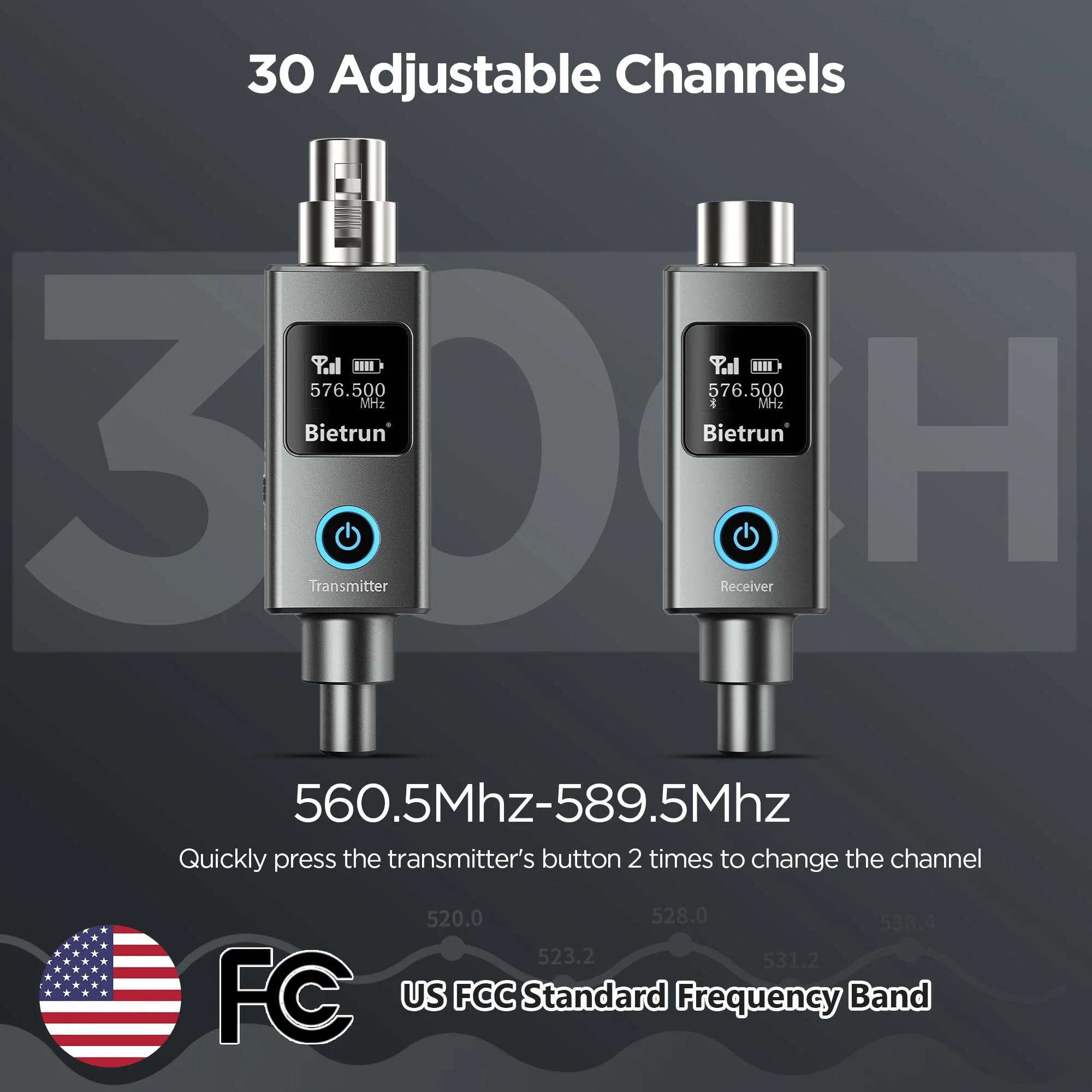 Bietrun Wireless XLR Transmitter Receiver, XLR Wired to Wireless Mic Adapter, UHF 230ft Range, 30 Channels, Receiver with Bluetooth, to 1/4'' Adapter, for Dynamic/Condenser Mics, Audio Interface - Image 3
