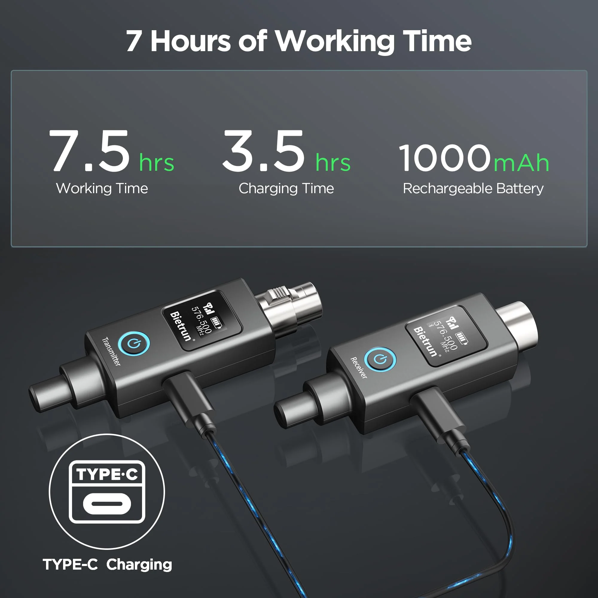 Bietrun Wireless XLR Transmitter Receiver, XLR Wired to Wireless Mic Adapter, UHF 230ft Range, 30 Channels, Receiver with Bluetooth, to 1/4'' Adapter, for Dynamic/Condenser Mics, Audio Interface - Image 6