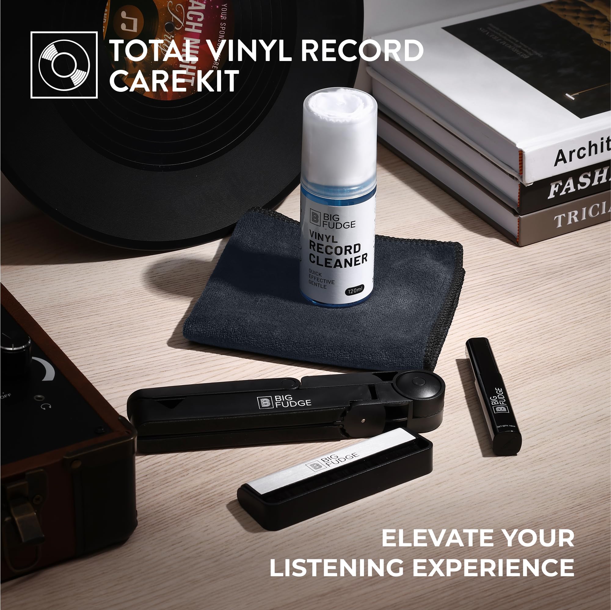 Big Fudge Complete Vinyl Record Cleaning Kit - 6-in-1 Vinyl Record Cleaner - incl. Carbon Fiber Record Brush, Stylus Cleaner, Drying Stand, Microfiber Cloth & Towel Cloth - Record Player Accessories - Image 2
