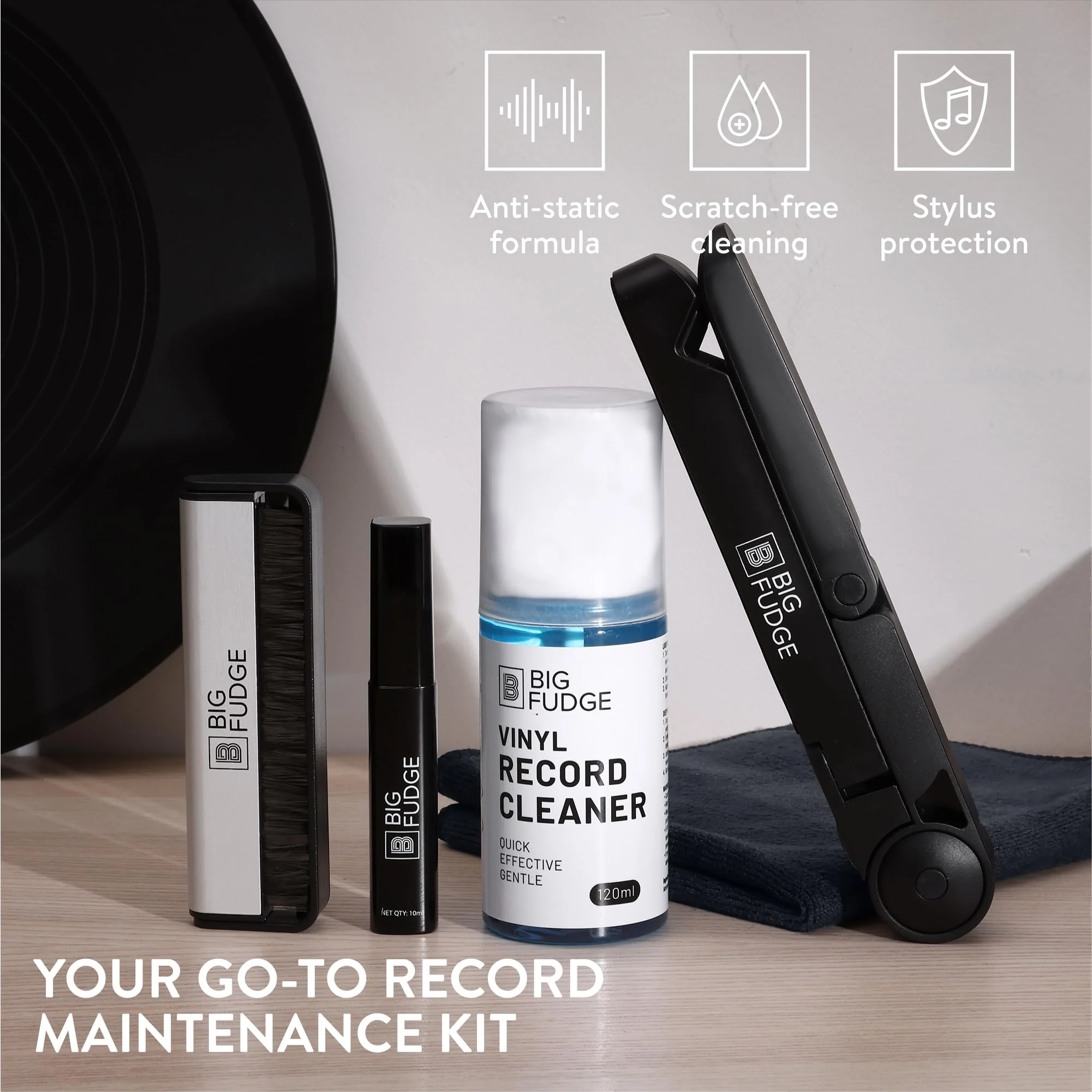 Big Fudge Complete Vinyl Record Cleaning Kit - 6-in-1 Vinyl Record Cleaner - incl. Carbon Fiber Record Brush, Stylus Cleaner, Drying Stand, Microfiber Cloth & Towel Cloth - Record Player Accessories - Image 4