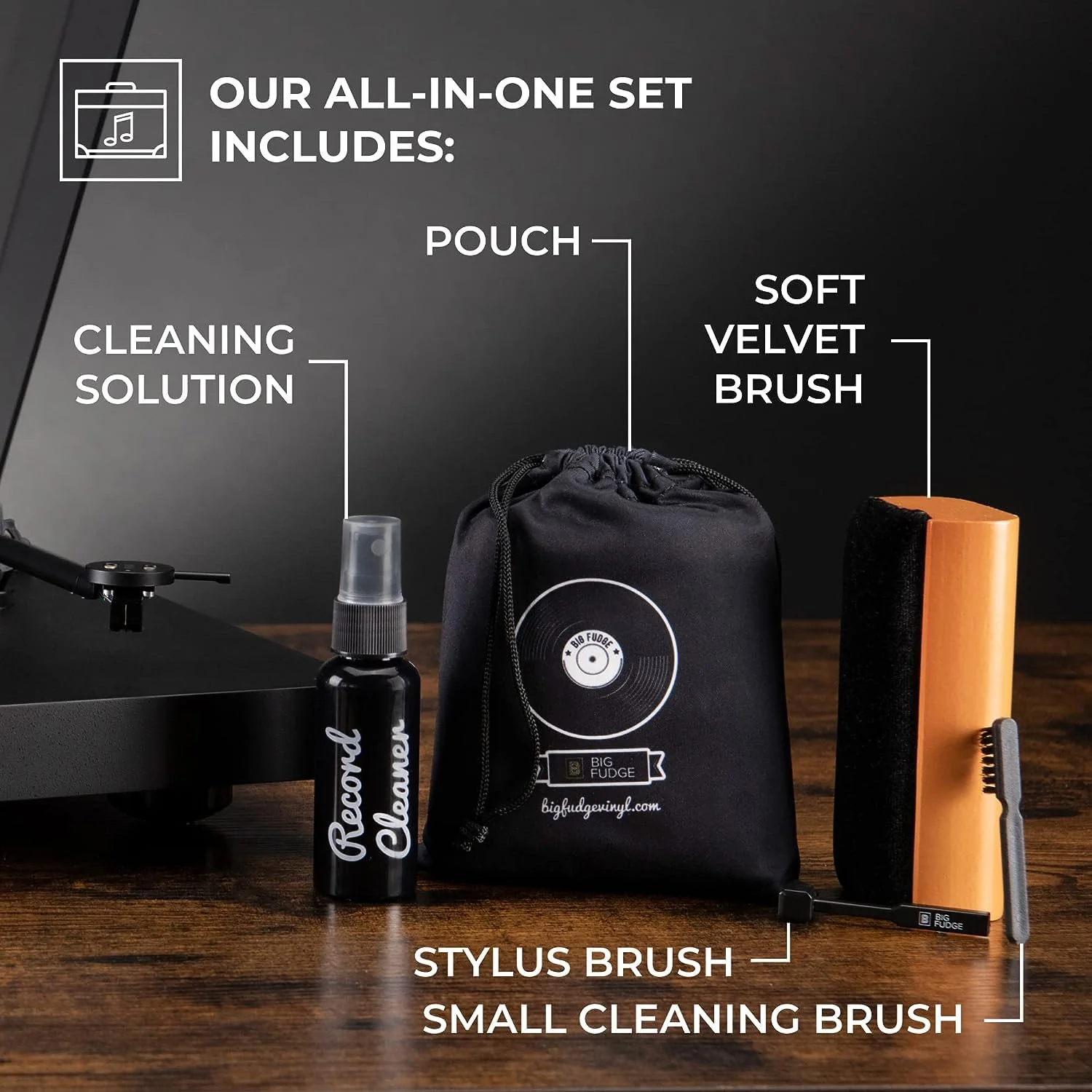 Big Fudge Vinyl Record Cleaning Kit - 4-in-1 Record Cleaner Solution - Includes Ultra-Soft Velvet Record Brush, Cleaning Liquid, Stylus Brush and Storage Pouch - Image 3