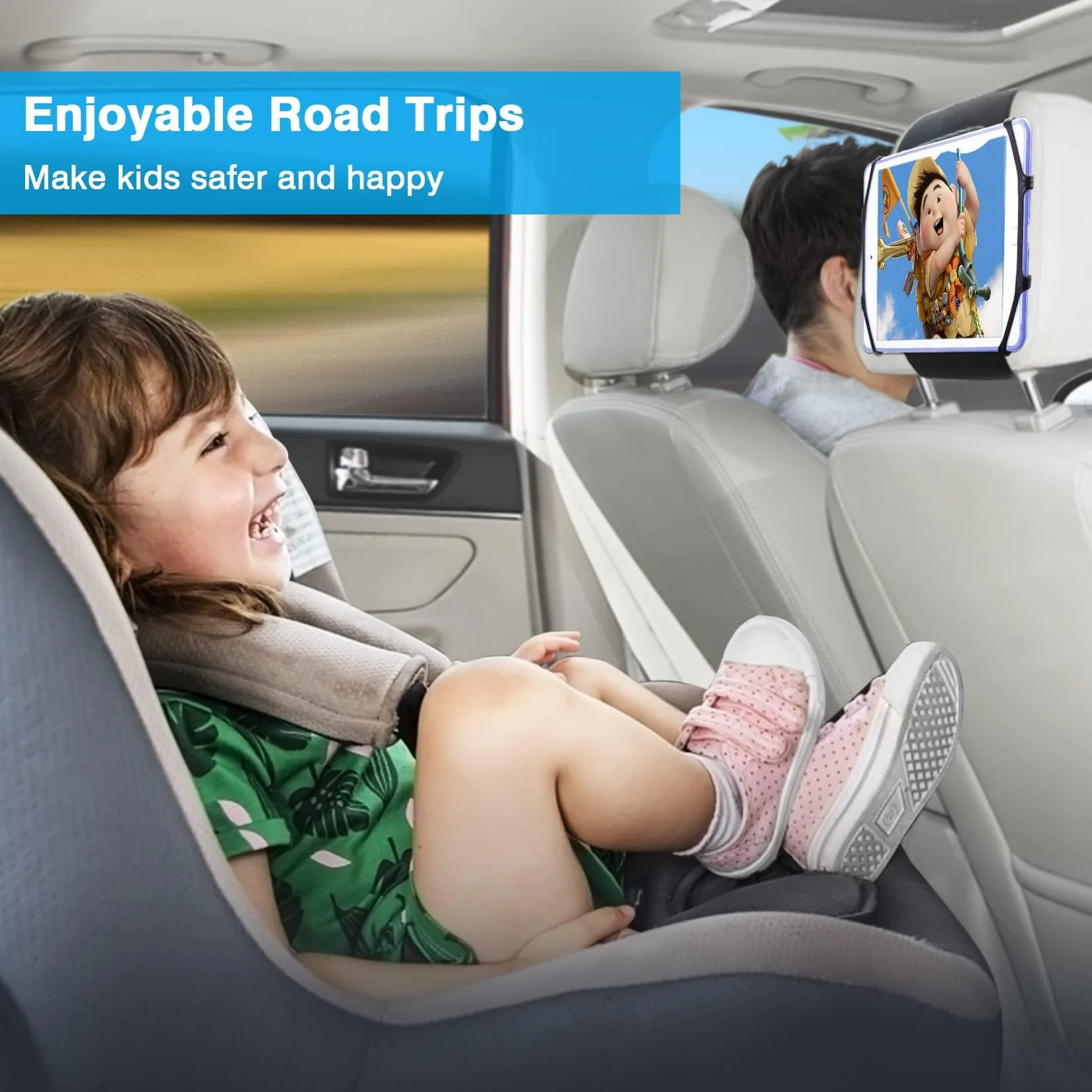 BIGASUO 2 Pack Car Headrest Mount Holder for Kids Tablet Holder for Car Backseat Anti-Slip Strap Holding Net Adjustable Angle Seat Mount Fits All 7 to 12.9 Inch Tablets - Image 3