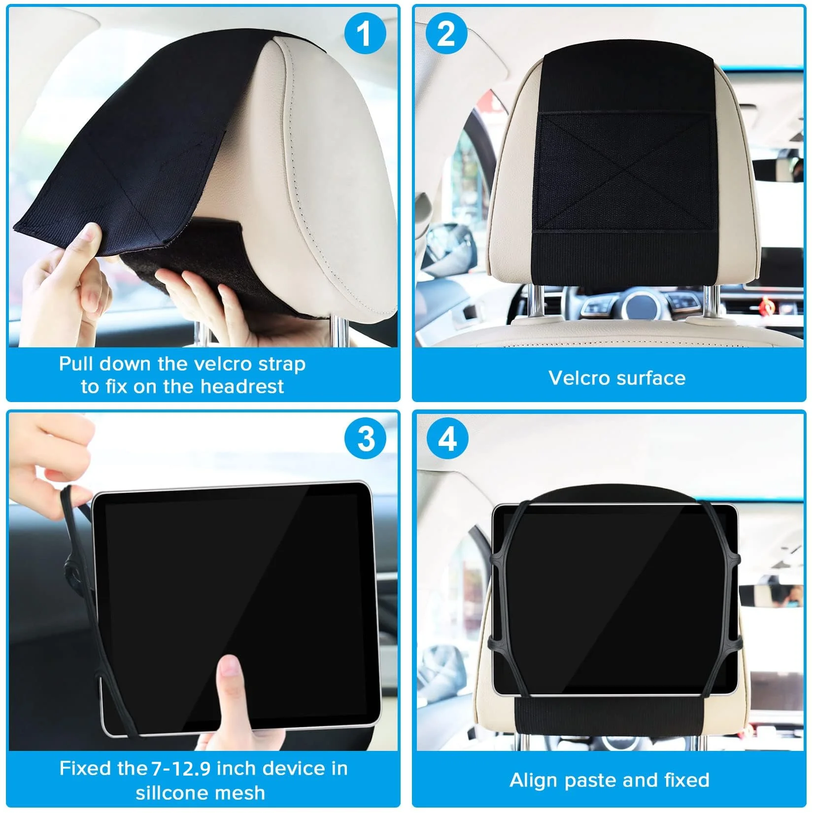 BIGASUO 2 Pack Car Headrest Mount Holder for Kids Tablet Holder for Car Backseat Anti-Slip Strap Holding Net Adjustable Angle Seat Mount Fits All 7 to 12.9 Inch Tablets - Image 6