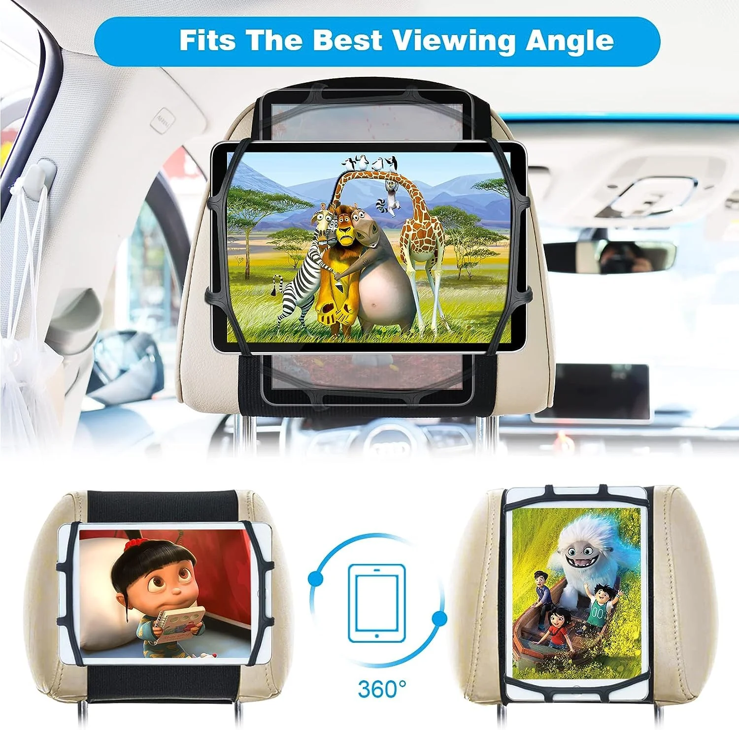 BIGASUO Car Headrest Mount Holder for Kids Tablet Holder for Car Backseat Anti-Slip Strap Holding Net Adjustable Angle Seat Mount Fits All 7 to 12.9 Inch Tablets 1 Pack - Image 4