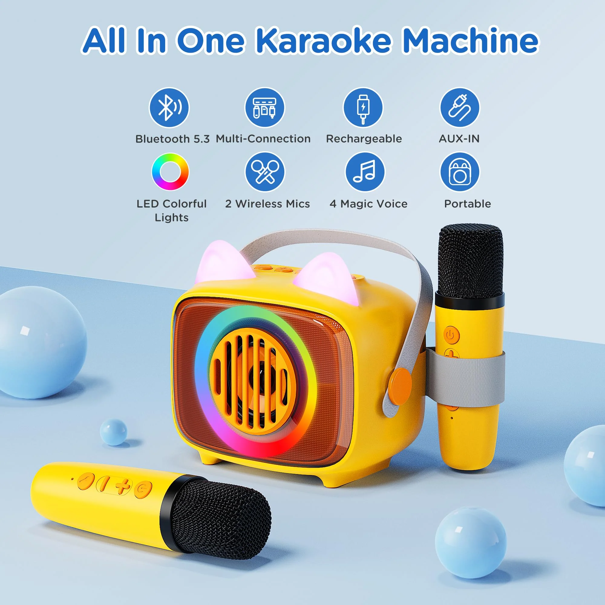 BIGASUO Karaoke Machine for Kids, Mini Portable Bluetooth Speaker with 2 Wireless Microphones and LED Lights, Kids Toys Ideal Gifts for Girls & Boys Birthday Home Party 1 - Image 2