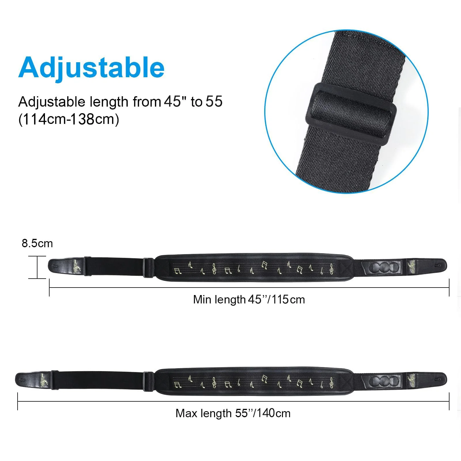 BigDeer pure black bass guitar strap for heavy bass and guitar, 3.35 "wide 3D sponge filled and neoprene material A-gold Embroidery A- 50" to 60" - Image 3