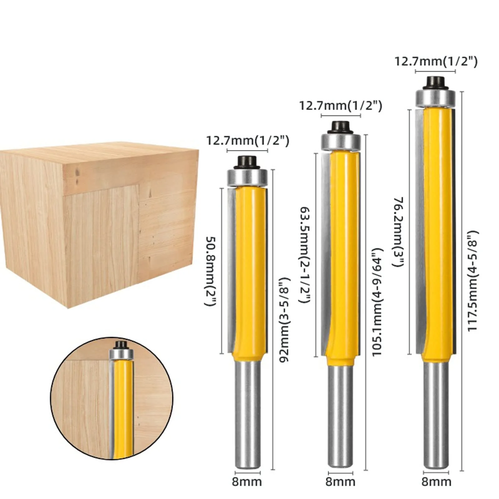 BIGP 3-Piece 8 mm Shank Flush Cutter Set, Top with Ball Bearing Flush Drill, Extra Long, Straight Cutter, Cutting Blade for Woodworking - Image 2