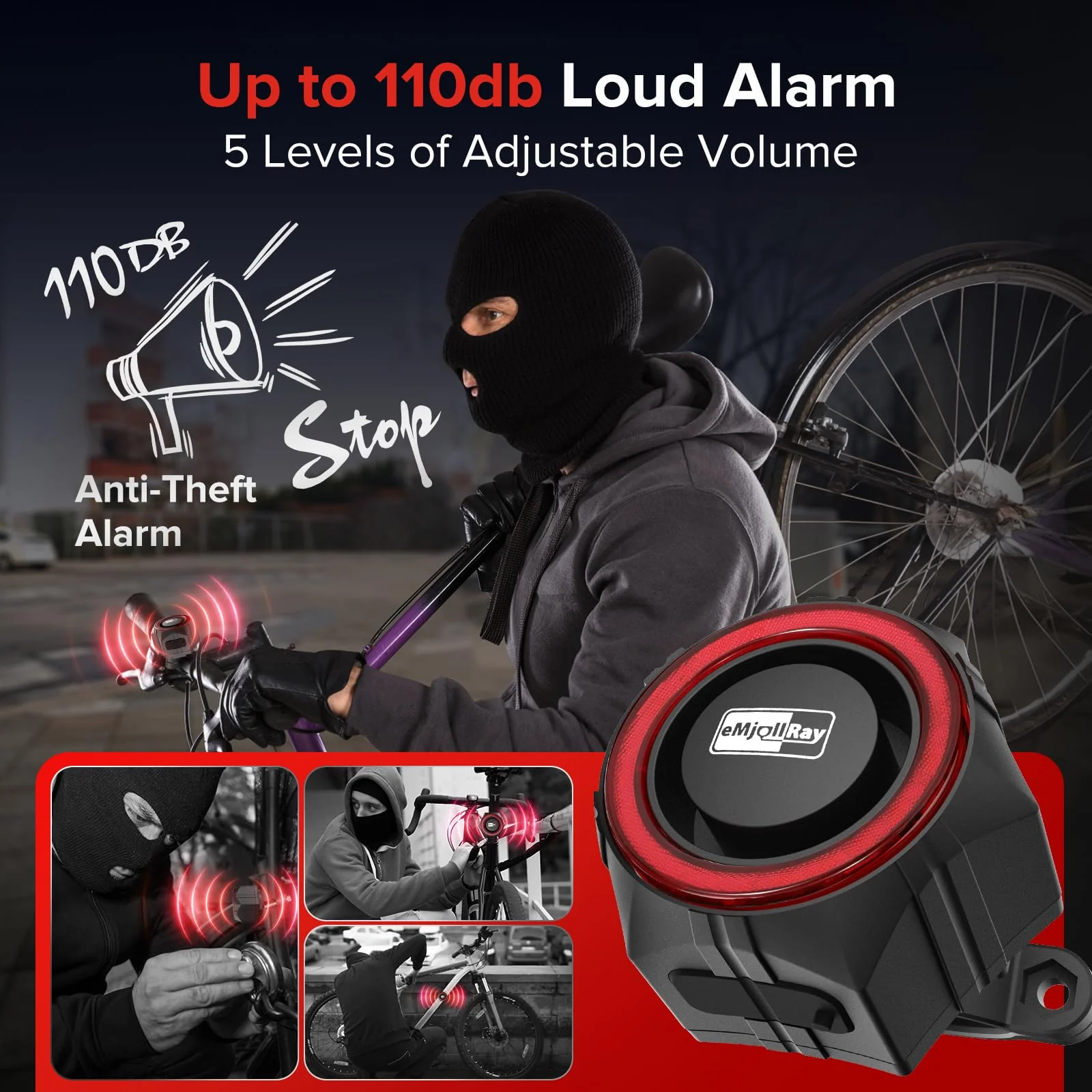 Bike Alarm,110dB Loud Waterproof Wireless E-Bike Alarm with Remote,Anti Theft Alarm Adjustable Volume Motorcycle Alarm Wireless Motion Sensor Alarm for Bicycle, Ebike,Ebike Accessories - Image 2