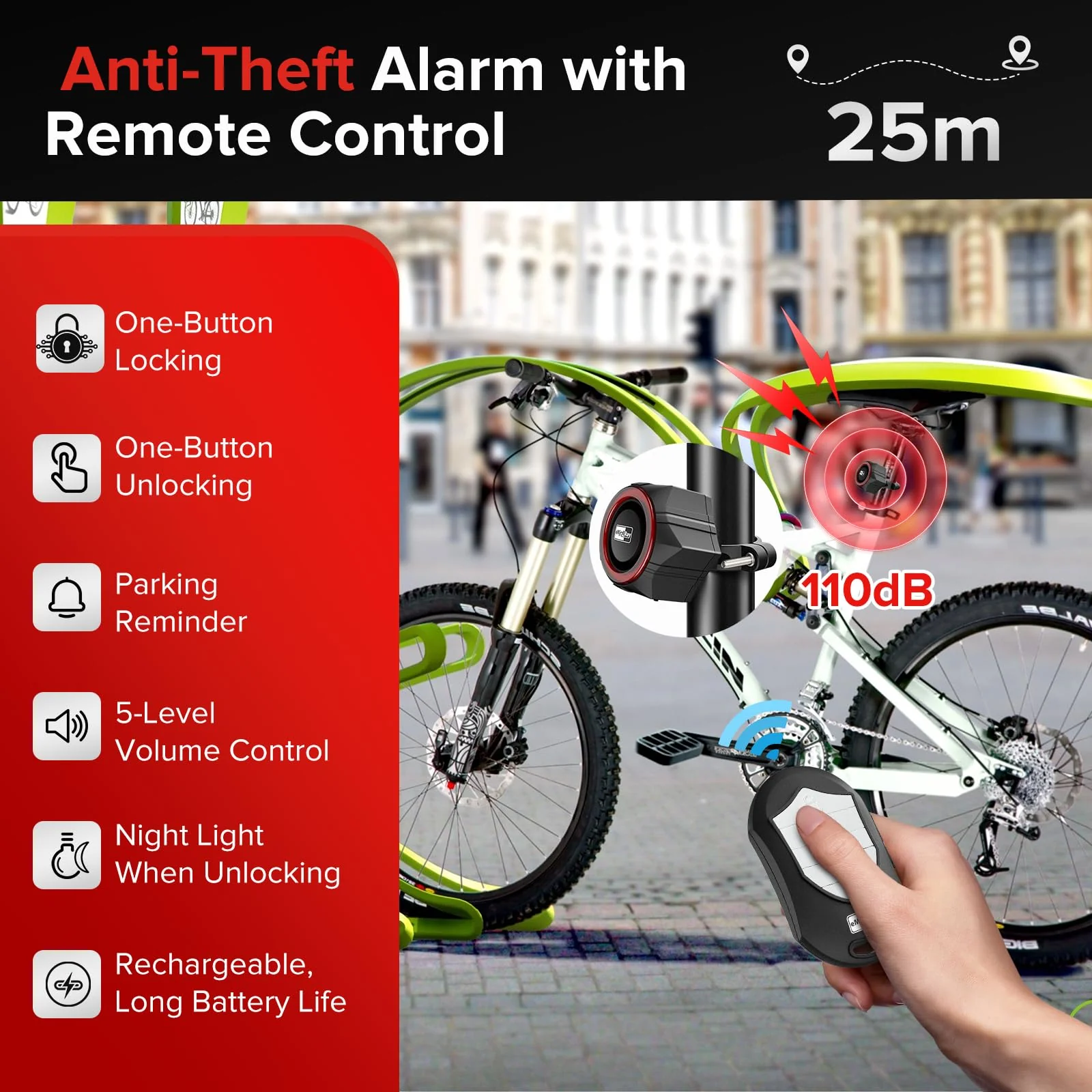 Bike Alarm,110dB Loud Waterproof Wireless E-Bike Alarm with Remote,Anti Theft Alarm Adjustable Volume Motorcycle Alarm Wireless Motion Sensor Alarm for Bicycle, Ebike,Ebike Accessories - Image 3