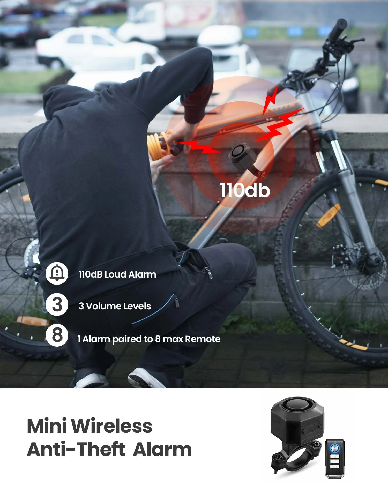 Bike Alarm with Remote, 110dB Wireless Anti-Theft Vibration Motorcycle Alarm, Door, Window & Vehicle Security Alarm System, Adjustable Sensitivity & Volume, USB-C, Waterproof, Programmable - Image 2