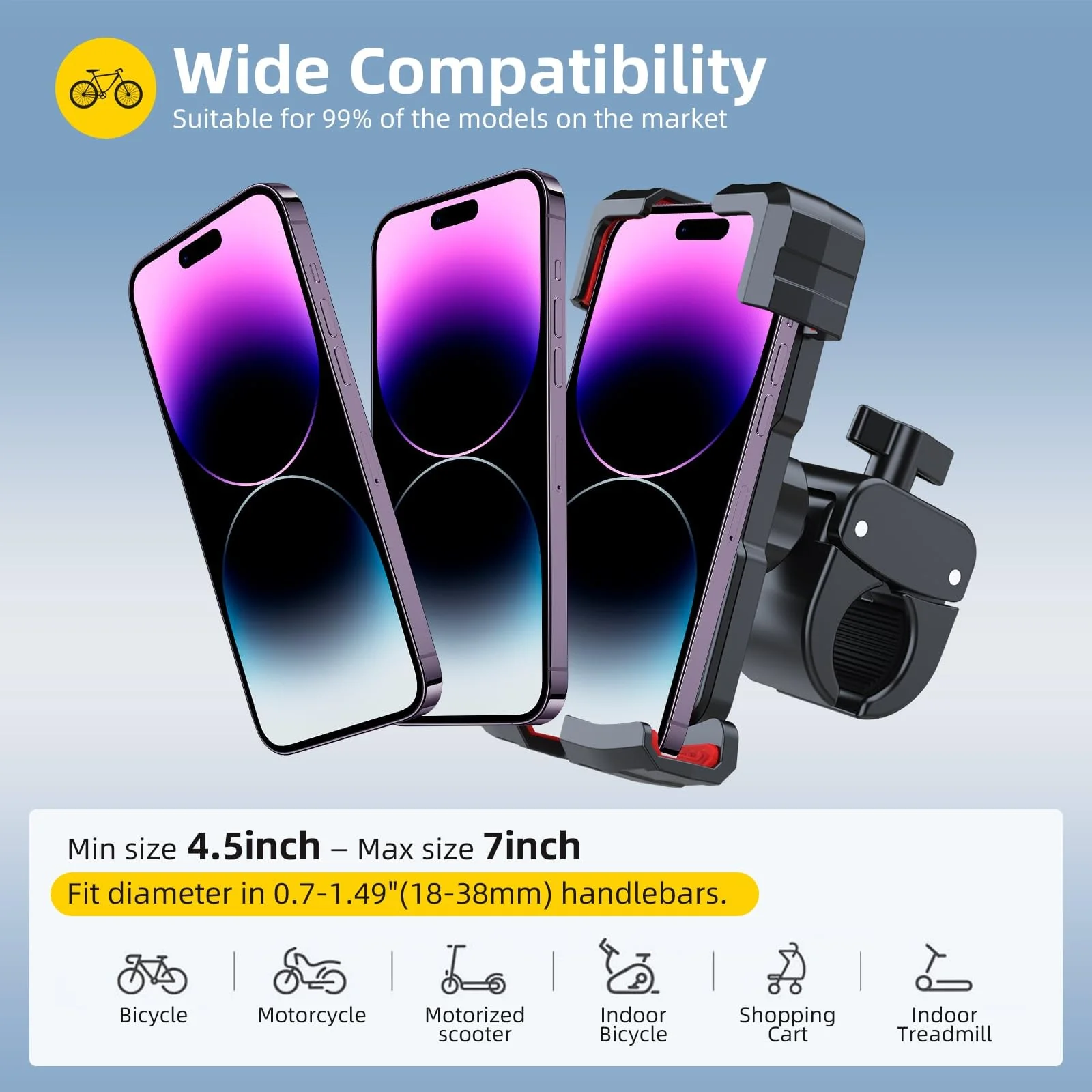 Bike/Motorcycle/Baby Stroller Phone Holder Mount, Flexible 360° Rotation, Clamp Firmly on Handlebar, Compatible with iPhone 15 Pro, Samsung and More 4.5-7.0" Phone - Image 6