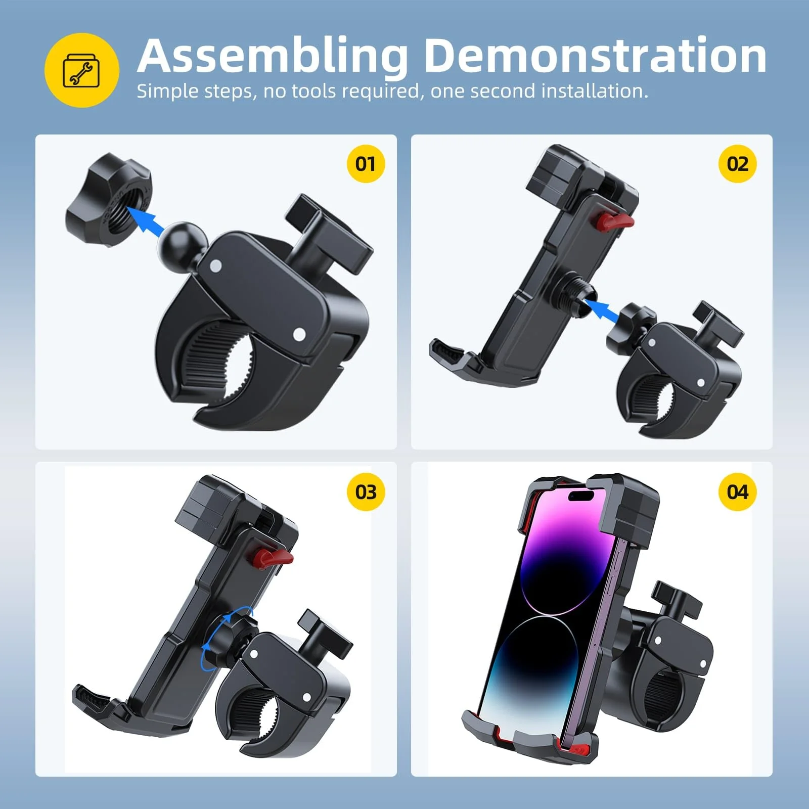 Bike/Motorcycle/Baby Stroller Phone Holder Mount, Flexible 360° Rotation, Clamp Firmly on Handlebar, Compatible with iPhone 15 Pro, Samsung and More 4.5-7.0" Phone - Image 7
