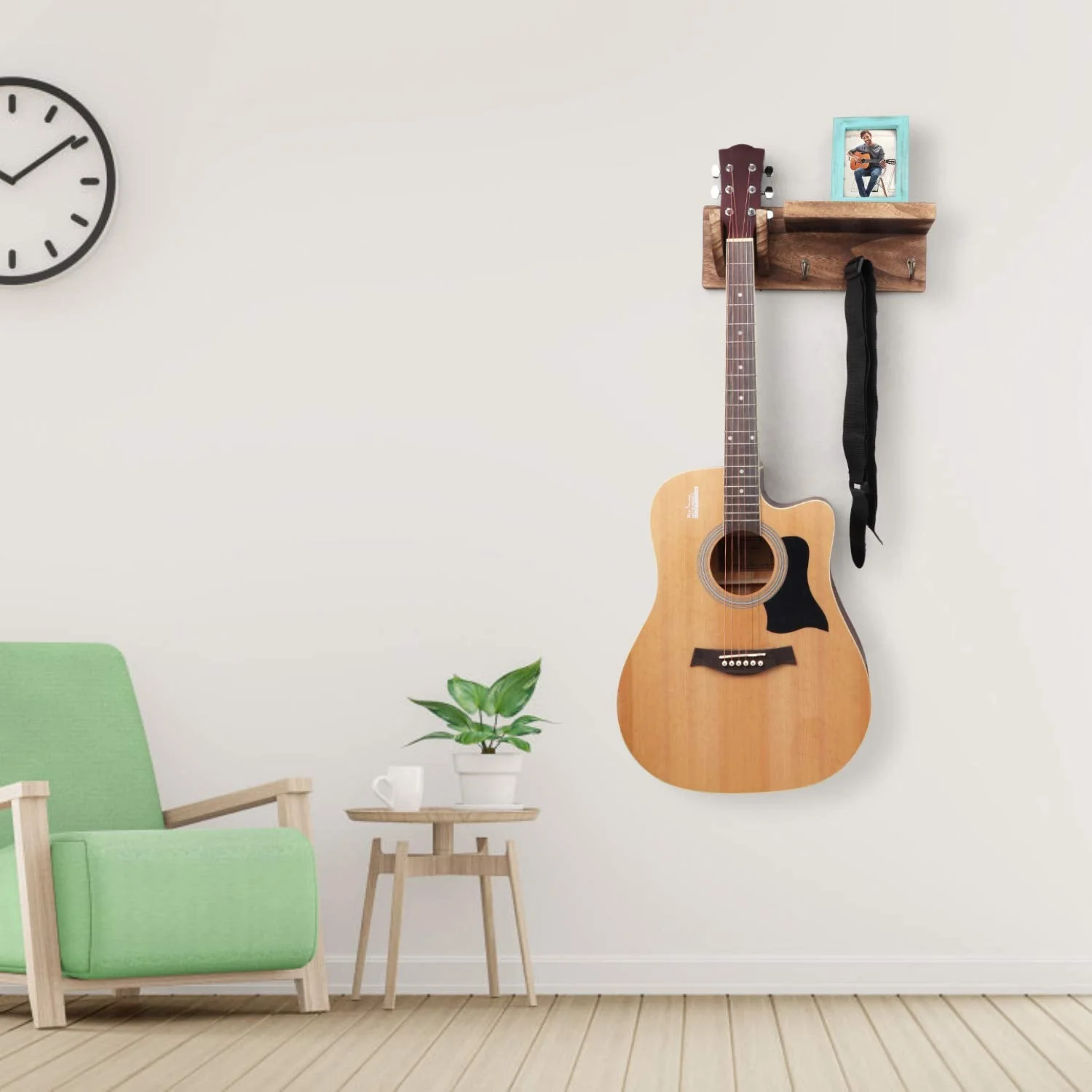 Bikoney Wall Mount Guitar Hanger Shelf with Pick Holder and 3 Hooks - Carbonized Black Guitar Holder for Acoustic, Electric, Bass, Ukulele [U.S. Patent] - Image 2