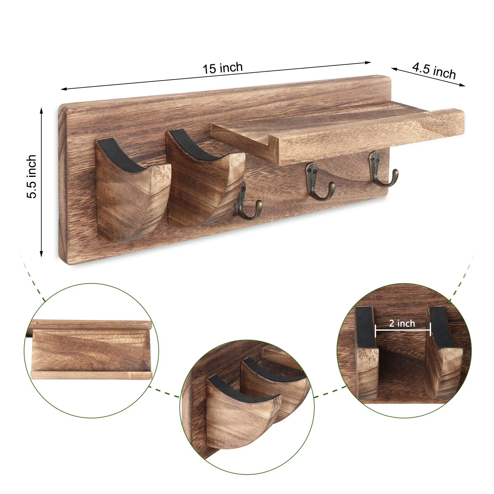 Bikoney Wall Mount Guitar Hanger Shelf with Pick Holder and 3 Hooks - Carbonized Black Guitar Holder for Acoustic, Electric, Bass, Ukulele [U.S. Patent] - Image 4