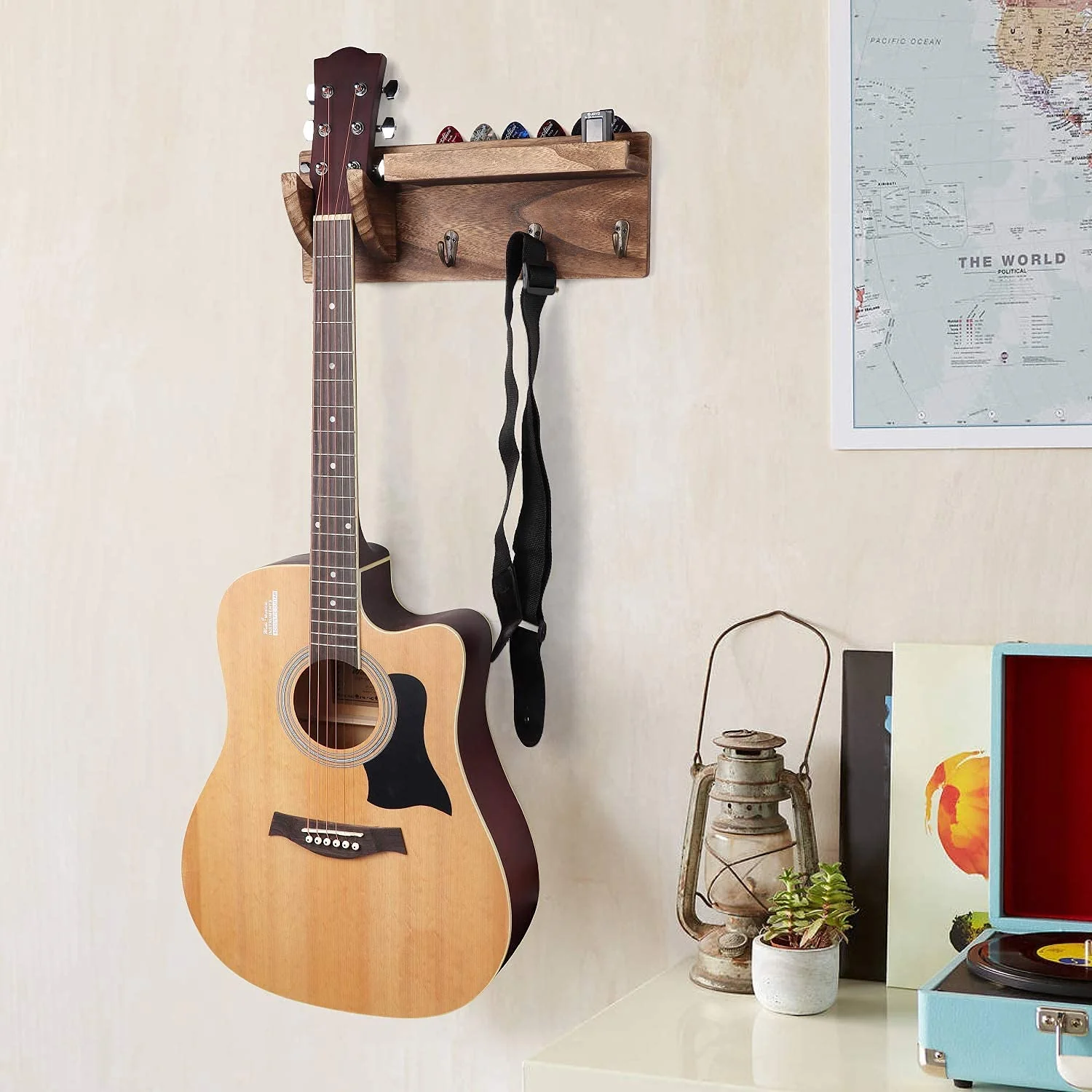 Bikoney Wall Mount Guitar Hanger Shelf with Pick Holder and 3 Hooks - Carbonized Black Guitar Holder for Acoustic, Electric, Bass, Ukulele [U.S. Patent] - Image 6