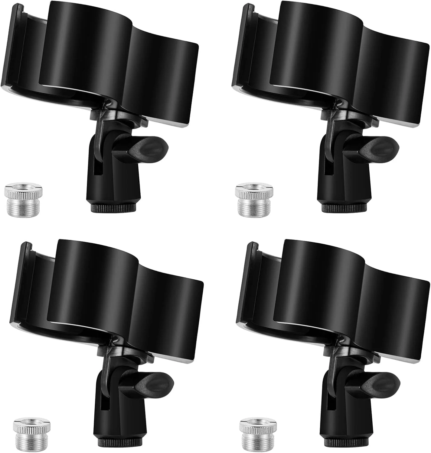 BILIONE 4pcs Versatile Microphone Clip, Adjustable Mic Holder for Microphones with Outer Diameter Range 1.26" from 2.3", with 5/8" Male to 3/8" Female Screw Adapter(Black) 4 Pack black