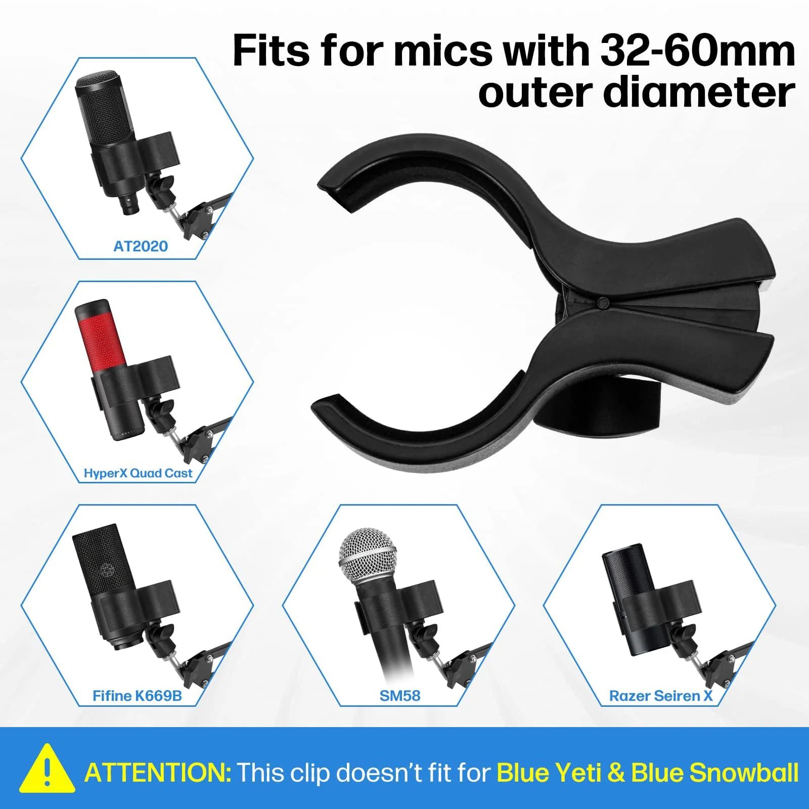 BILIONE 4pcs Versatile Microphone Clip, Adjustable Mic Holder for Microphones with Outer Diameter Range 1.26" from 2.3", with 5/8" Male to 3/8" Female Screw Adapter(Black) 4 Pack black - Image 6