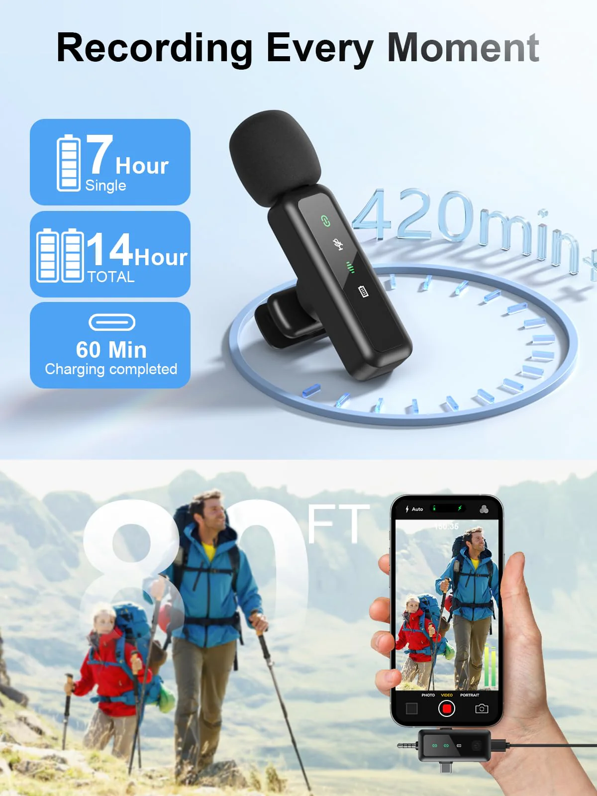 BILIWAL Wireless Lavalier Microphone, Noise Cancelling Lapel Recording Entry-Level 2 Pack Mics, 3IN1 Port for Most Devices 3IN1 RX Mic - Image 5