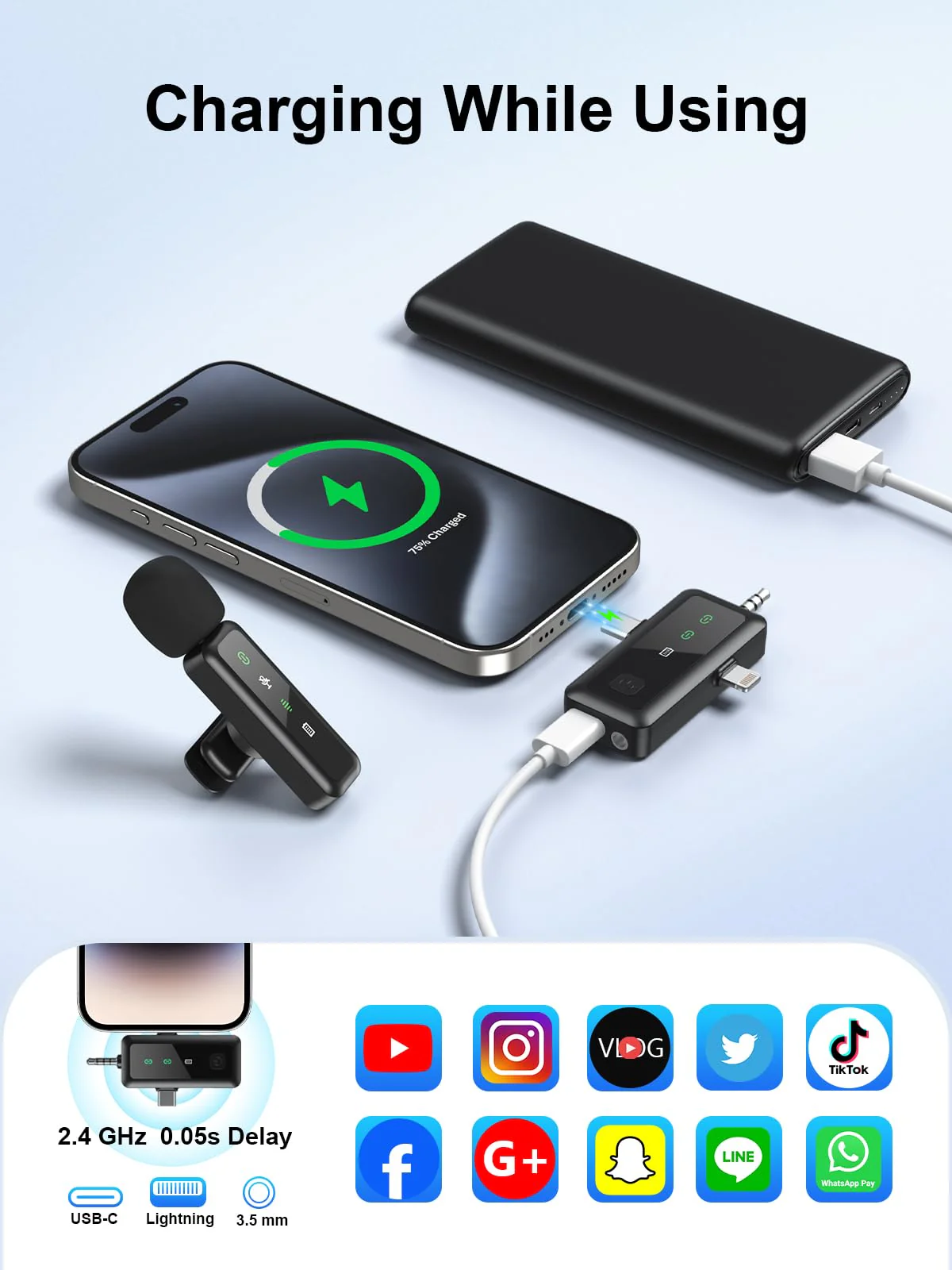 BILIWAL Wireless Lavalier Microphone, Noise Cancelling Lapel Recording Entry-Level 2 Pack Mics, 3IN1 Port for Most Devices 3IN1 RX Mic - Image 7
