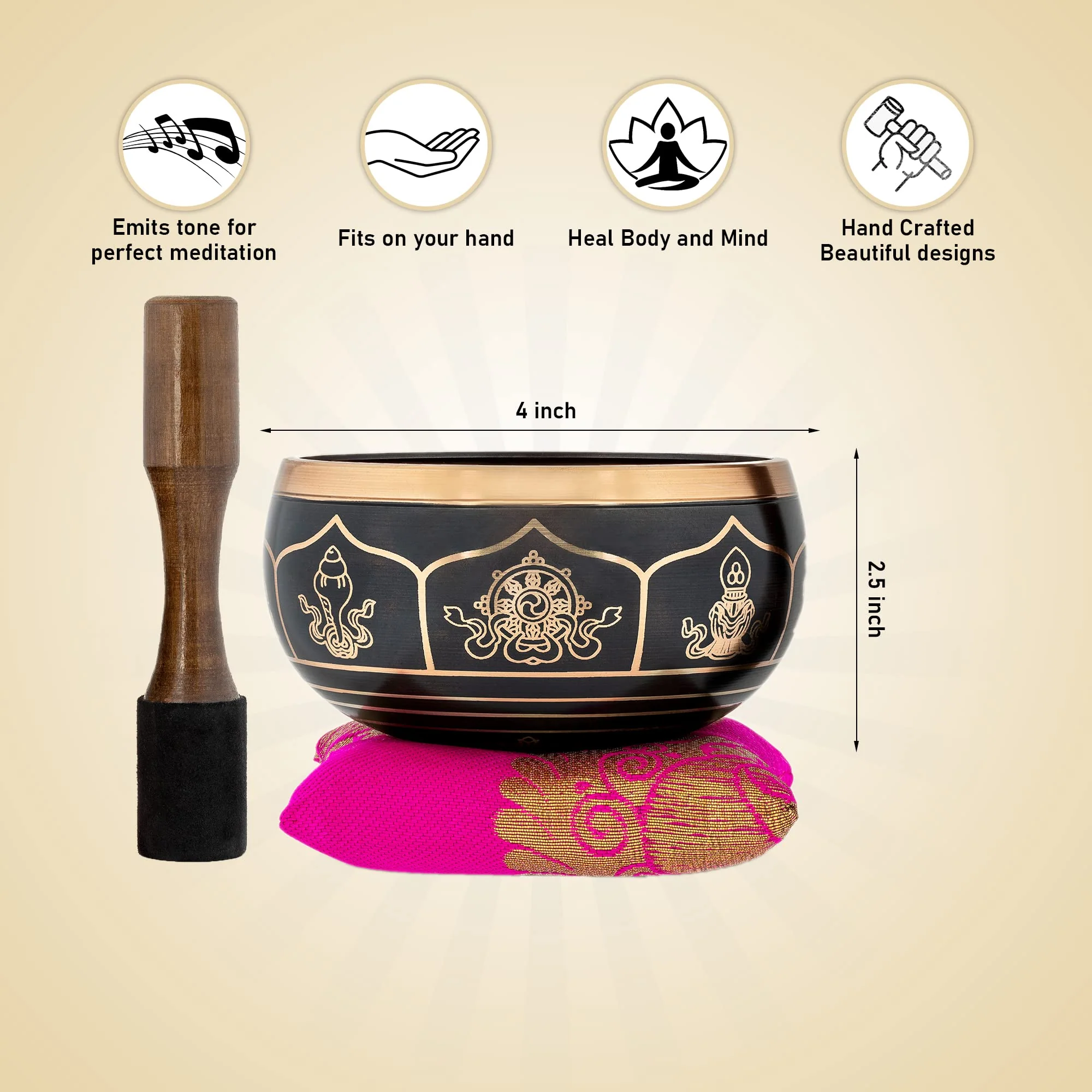 BimBamBom Singing Bowls – Hand Crafted Tibetan Singing Bowl w/Mallet & Cushion, Meditation Bowl For Yoga and Holistic Healing, Stress Relief, Brass 4” Auspicious Symbol Deep Sound Prayer Bowl Pink - Image 2