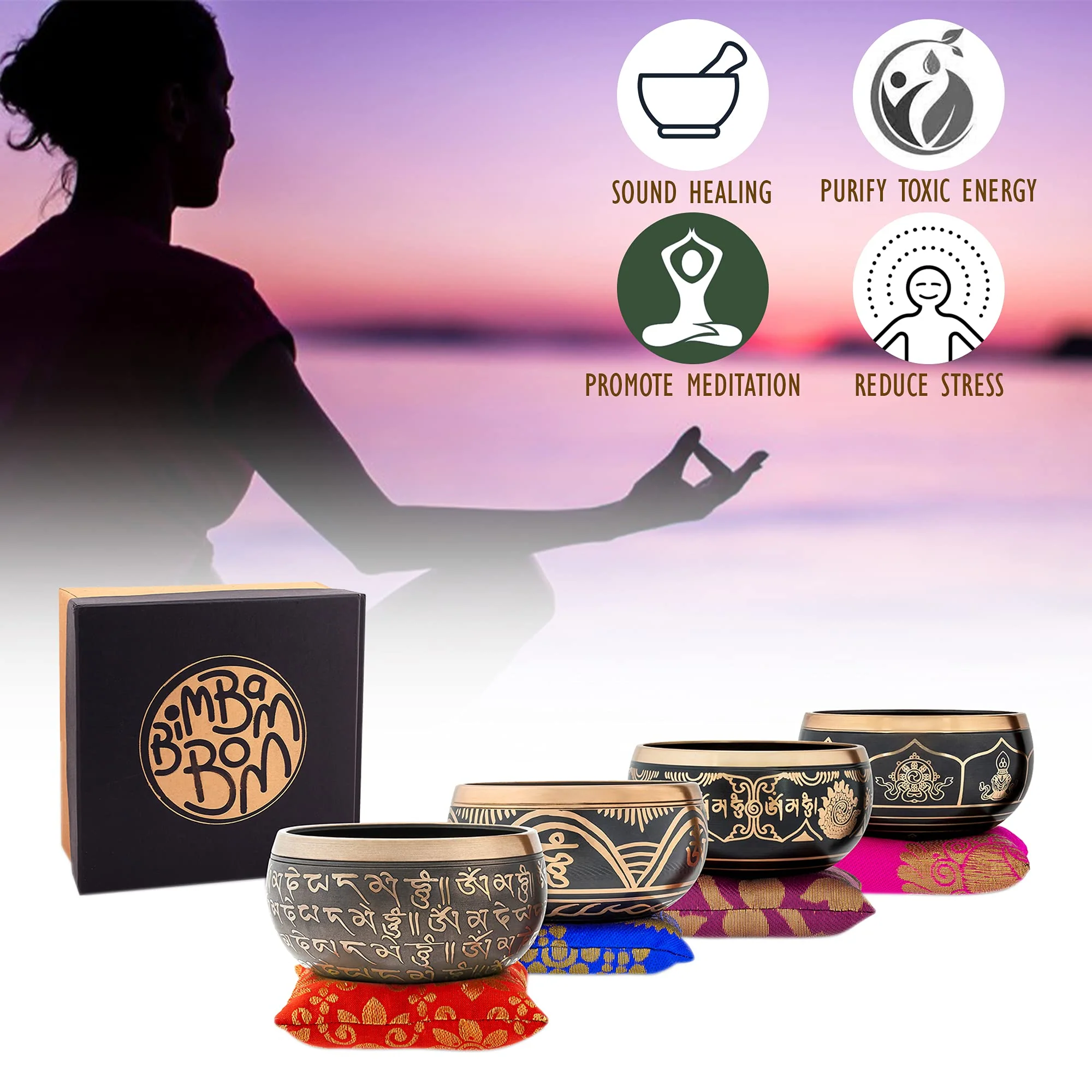 BimBamBom Singing Bowls – Hand Crafted Tibetan Singing Bowl w/Mallet & Cushion, Meditation Bowl For Yoga and Holistic Healing, Stress Relief, Brass 4” Auspicious Symbol Deep Sound Prayer Bowl Pink - Image 3