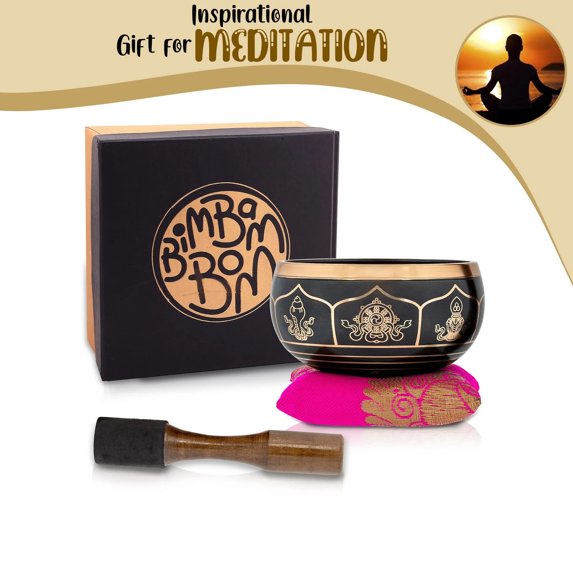 BimBamBom Singing Bowls – Hand Crafted Tibetan Singing Bowl w/Mallet & Cushion, Meditation Bowl For Yoga and Holistic Healing, Stress Relief, Brass 4” Auspicious Symbol Deep Sound Prayer Bowl Pink - Image 4