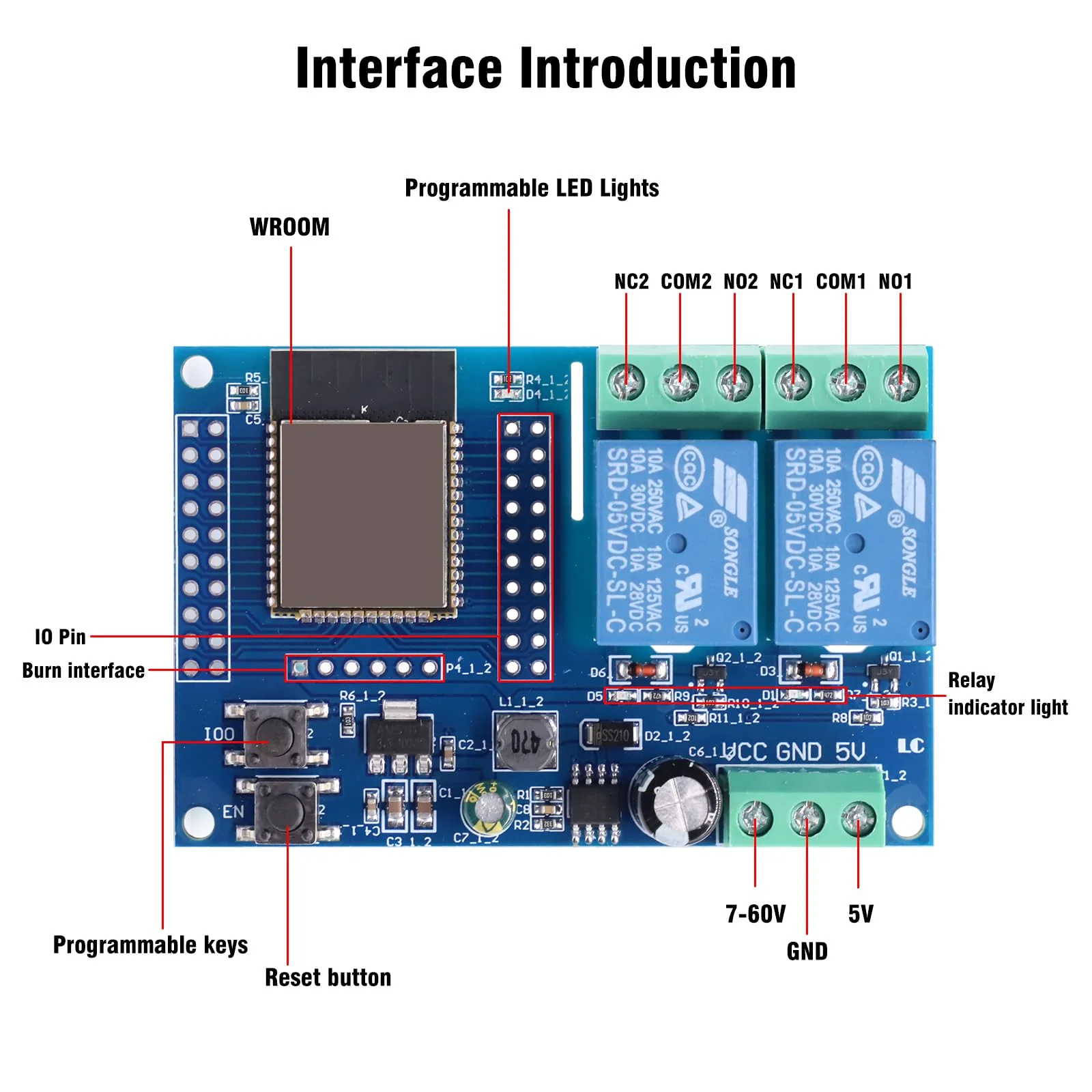 Binghe ESP Relay 2-Channel Module, ESP-32 Relay Development Board with 4 MB Flash Dual WiFi DC5-60V Power Supply for Secondary Development Learning (LC-Relay-ESP32-2R-D5) - Image 3
