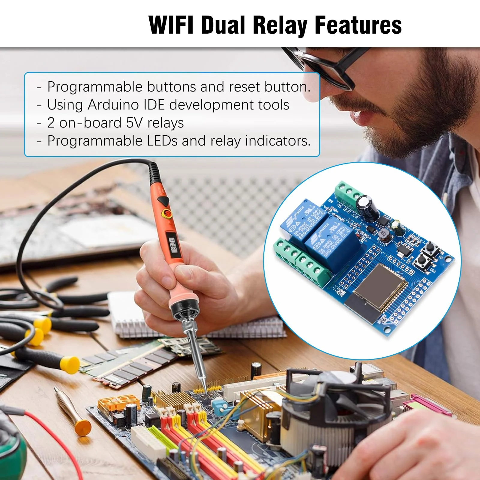 Binghe ESP Relay 2-Channel Module, ESP-32 Relay Development Board with 4 MB Flash Dual WiFi DC5-60V Power Supply for Secondary Development Learning (LC-Relay-ESP32-2R-D5) - Image 5