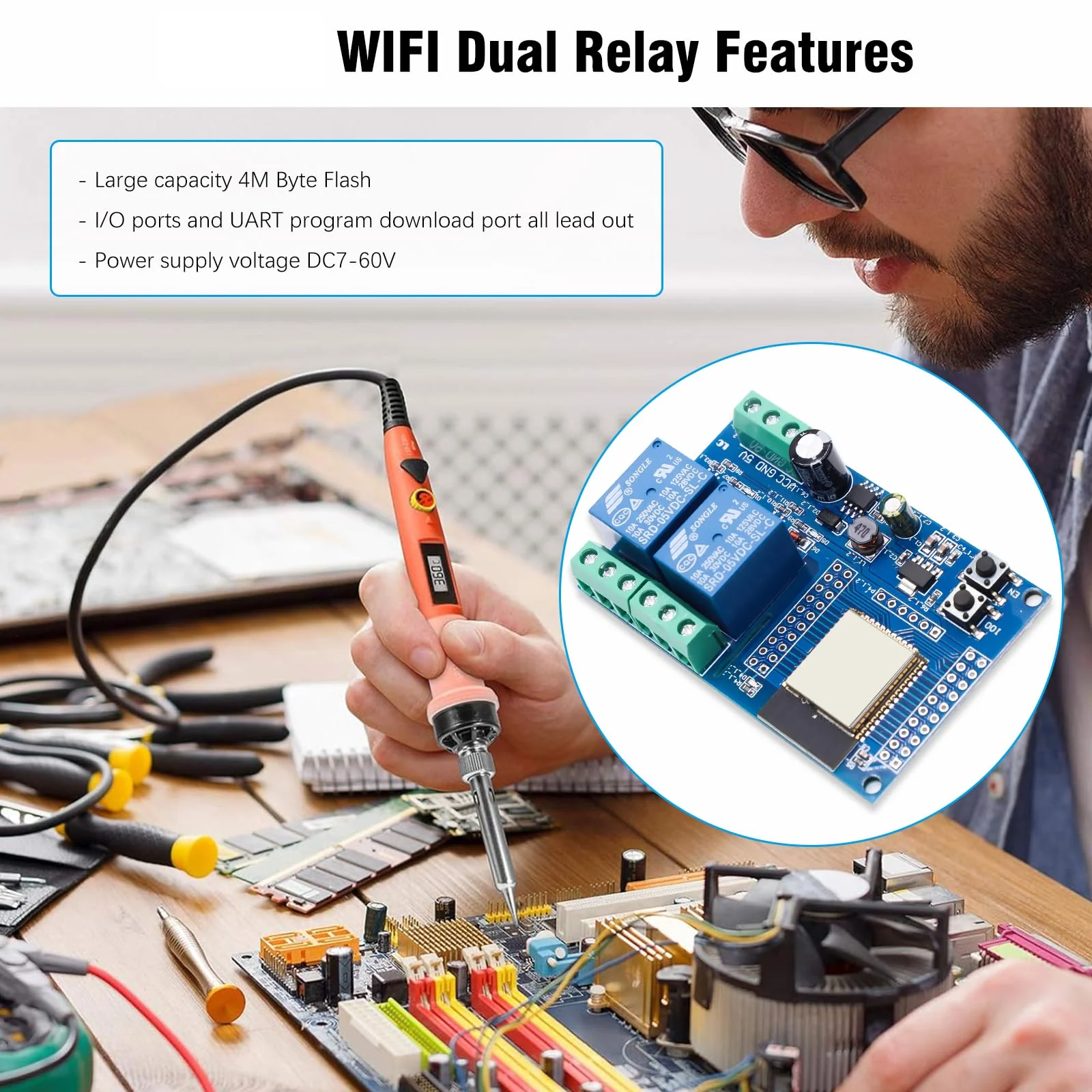 Binghe ESP Relay 2-Channel Module, ESP-32 Relay Development Board with 4 MB Flash Dual WiFi DC5-60V Power Supply for Secondary Development Learning (LC-Relay-ESP32-2R-D5) - Image 6