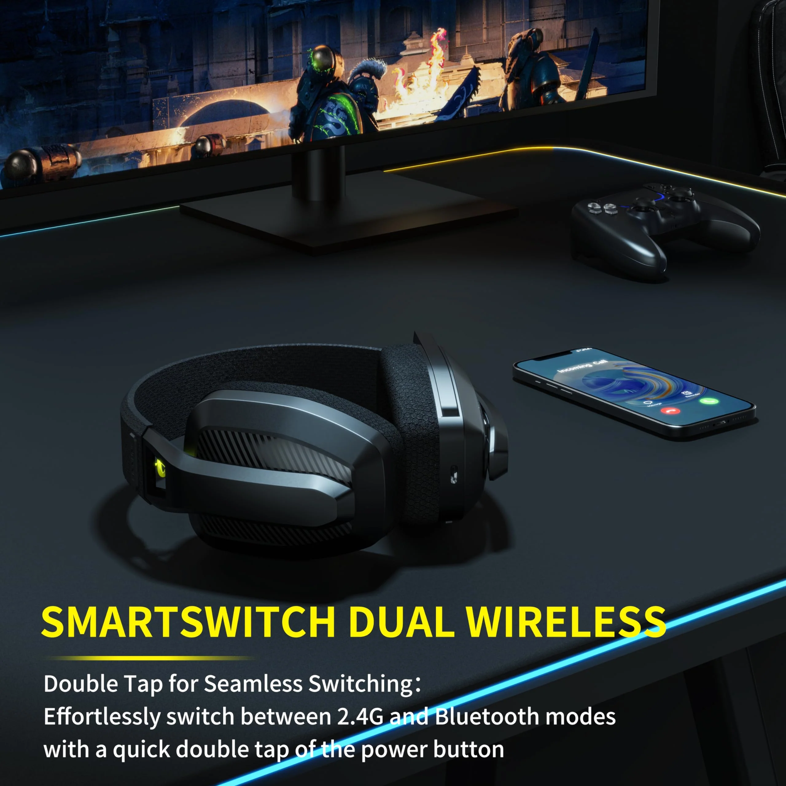 BINNUNE 2.4GHz Wireless Gaming Headset with Mic for PS5, PS4, PC, Mac, Playstation 4 5, Bluetooth Gaming Headset with Flip Microphone, Gaming Headphones for Laptop Computer, Black - Image 2