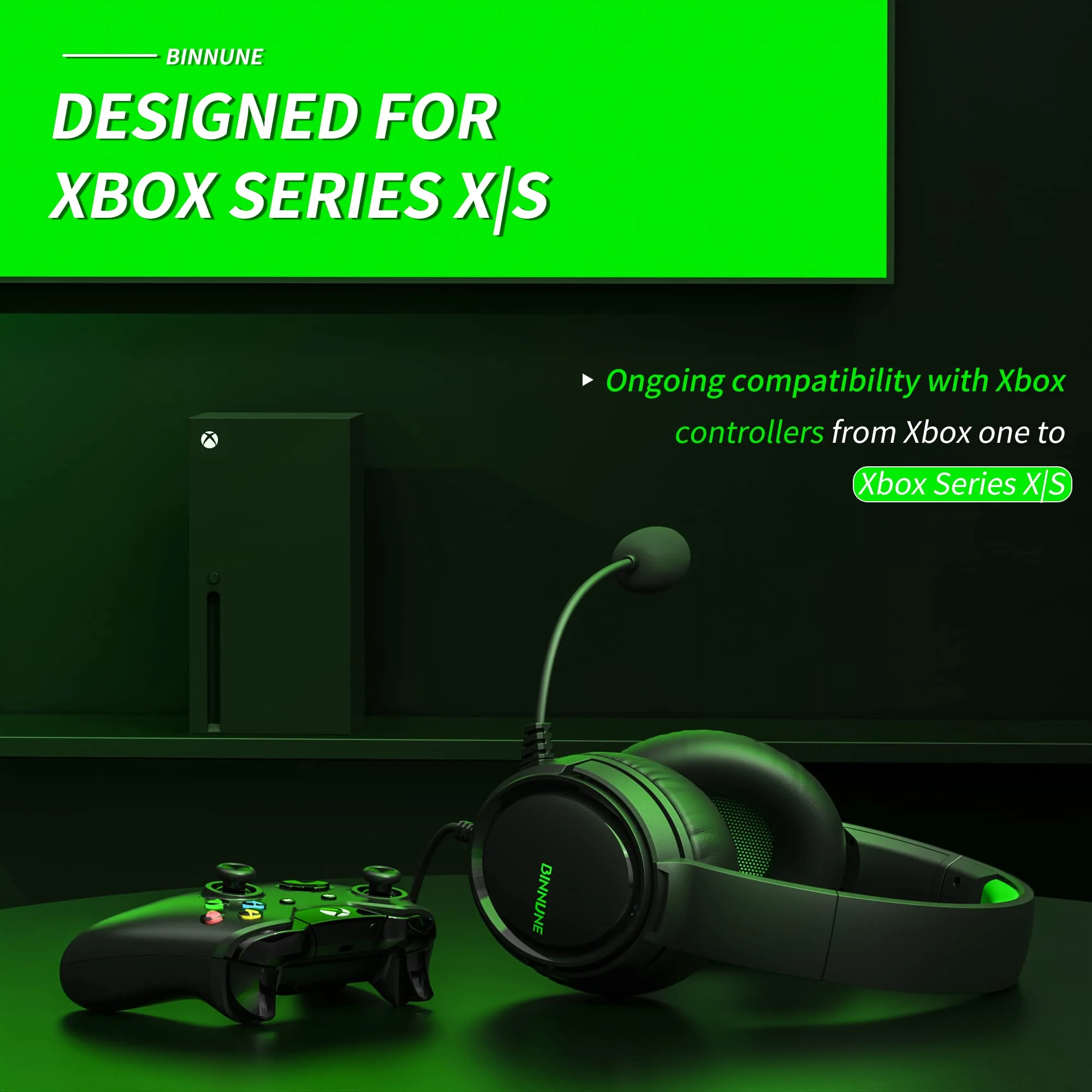 BINNUNE Gaming Headset with Mic for PS4 PS5 Xbox Series X|S Xbox 1 PC NS, Wired Gaming Headphones with Microphone for PS 4|5 Xbox1 Black Green - Image 2