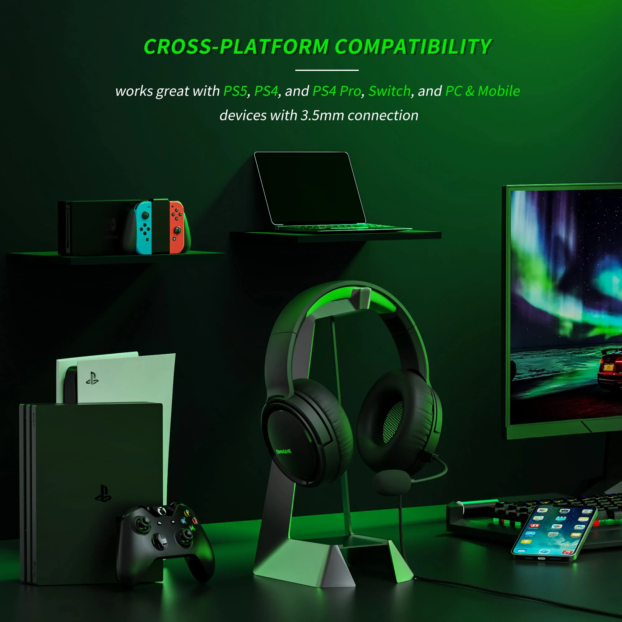 BINNUNE Gaming Headset with Mic for PS4 PS5 Xbox Series X|S Xbox 1 PC NS, Wired Gaming Headphones with Microphone for PS 4|5 Xbox1 Black Green - Image 5